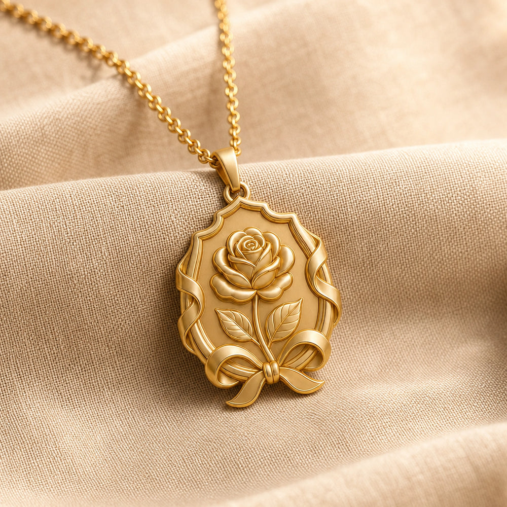Duchess rose ribbon emblem pendant with a raised floral relief, engraved leaves, flowing ribbon frame, bow detail, and polished warm-toned finish. Gold finish.