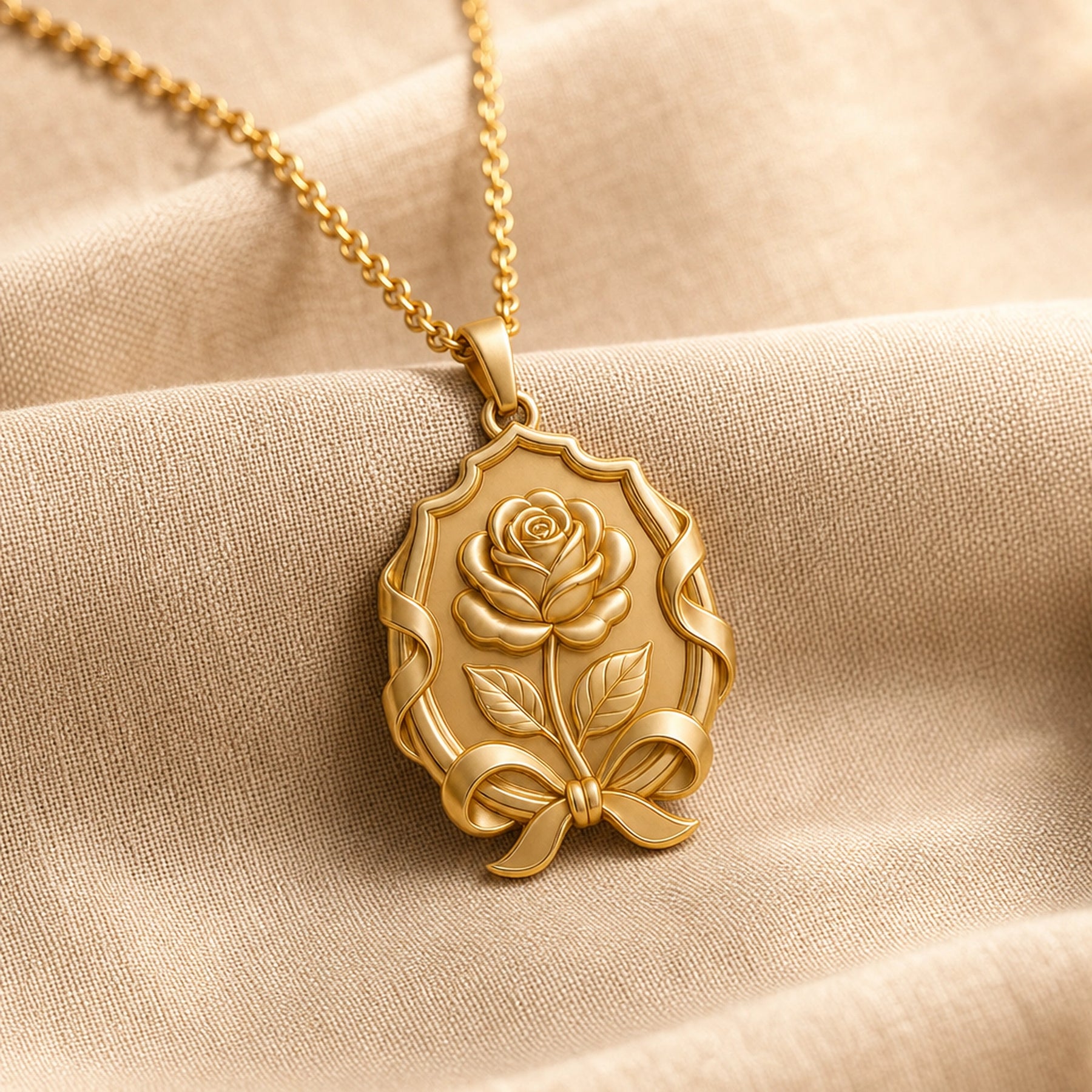Duchess rose ribbon emblem pendant with a raised floral relief, engraved leaves, flowing ribbon frame, bow detail, and polished warm-toned finish. Gold finish.