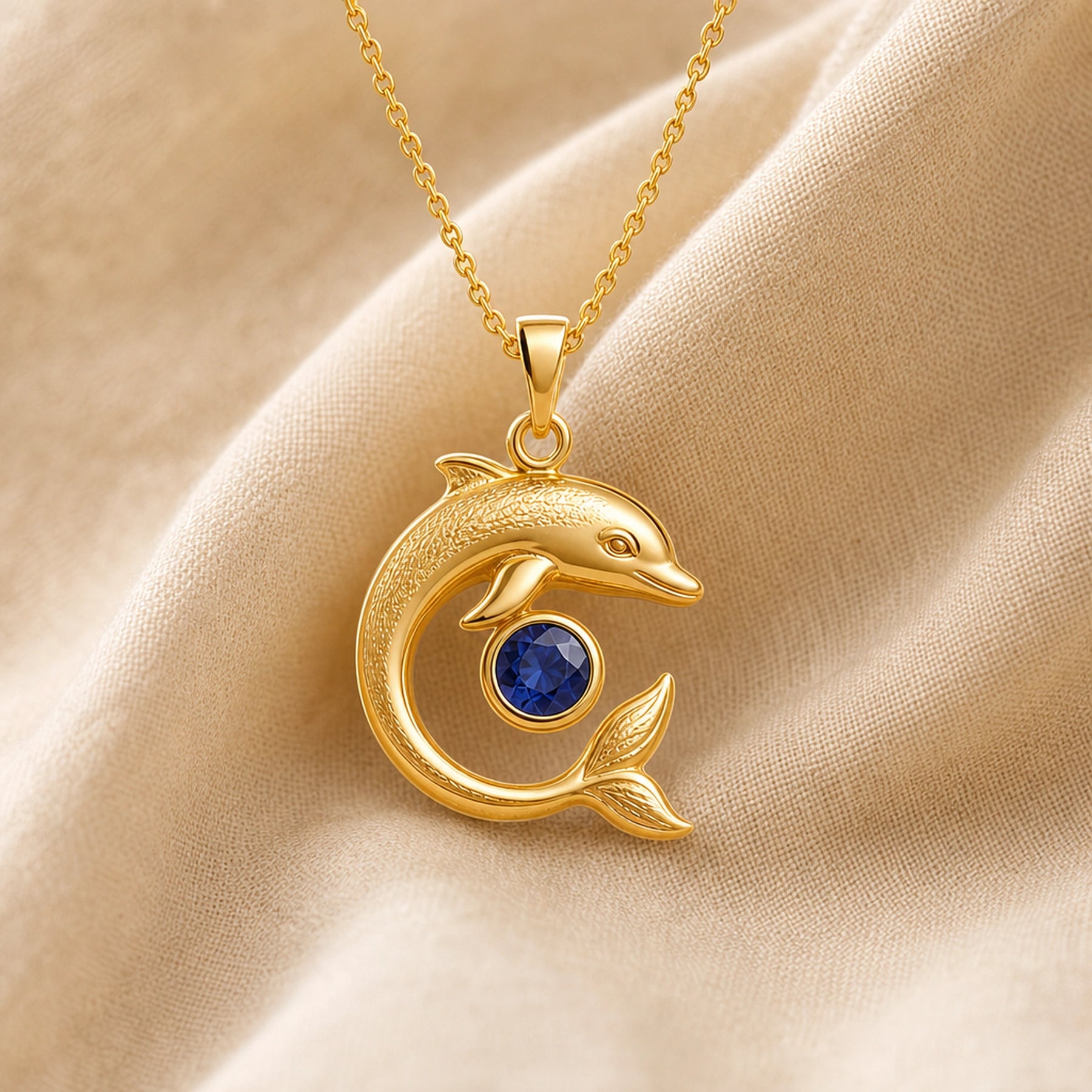 925 sterling silver dolphin pendant in a curved swimming pose around a round blue sapphire centerpiece. Gold finish.