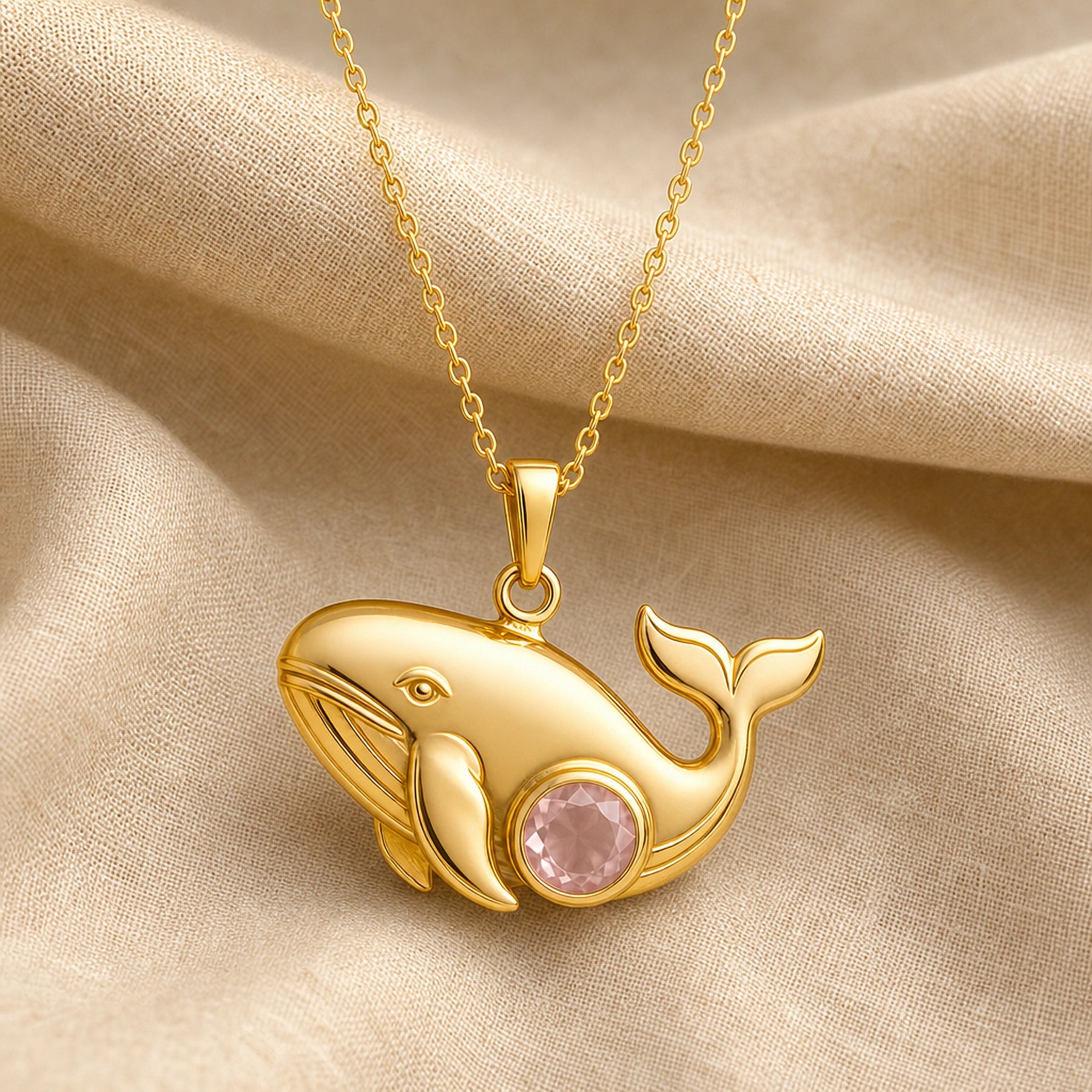 925 sterling silver whale pendant with sculpted fins, lifted tail and a round pale pink rose quartz centerpiece. Gold finish.