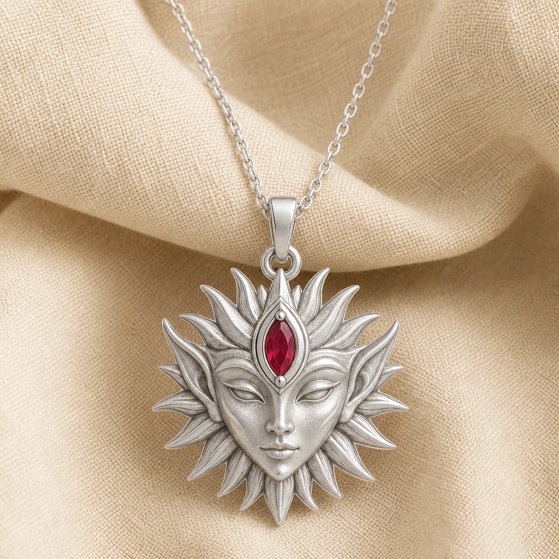 Marquise ruby sun elf pendant with a detailed sculpted elf face, radiating sun rays, and a deep red marquise stone set at the center of the forehead. Silver finish.