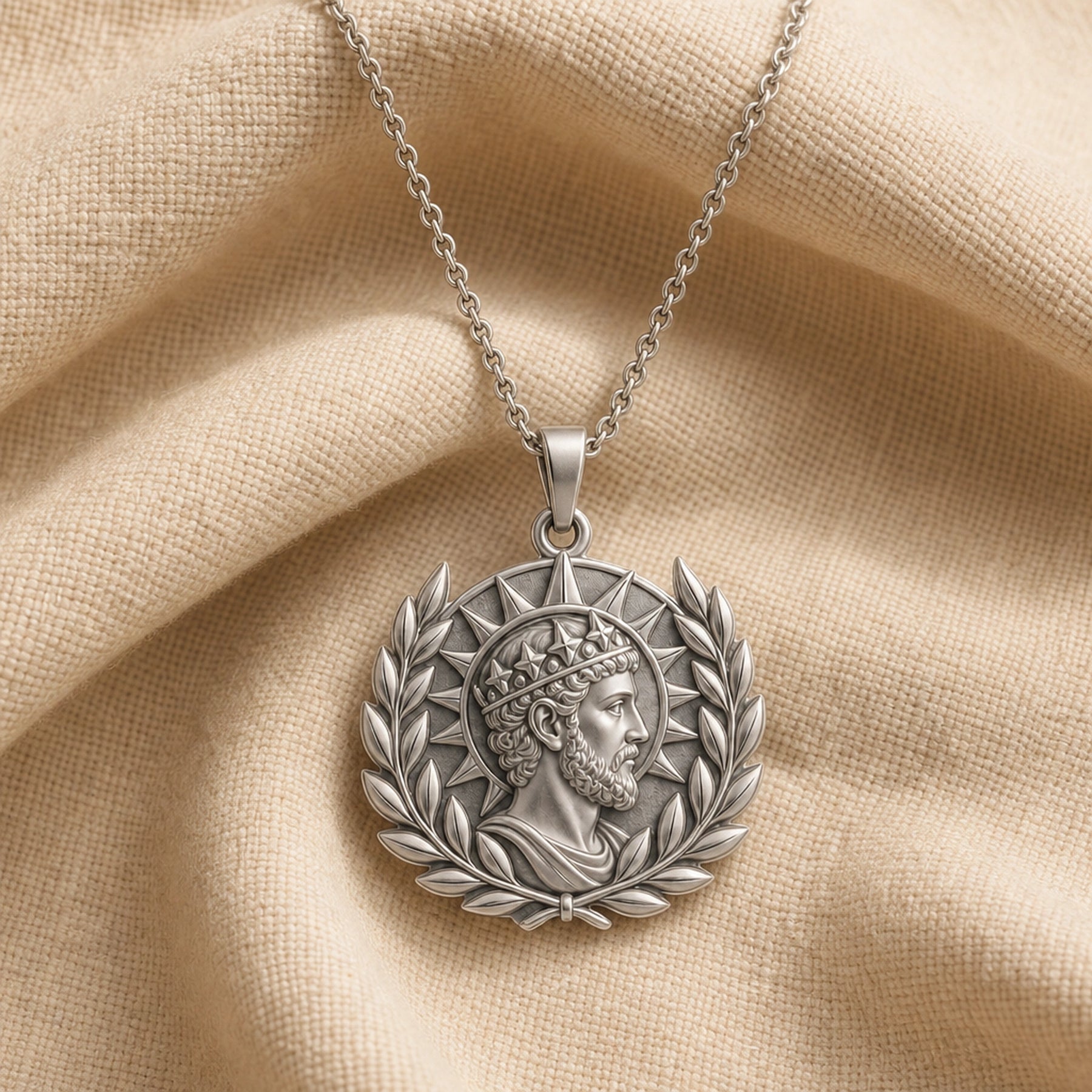Handcrafted 925 sterling silver augustan sun laurel king portrait pendant shown as a detailed pendant necklace. Silver finish.