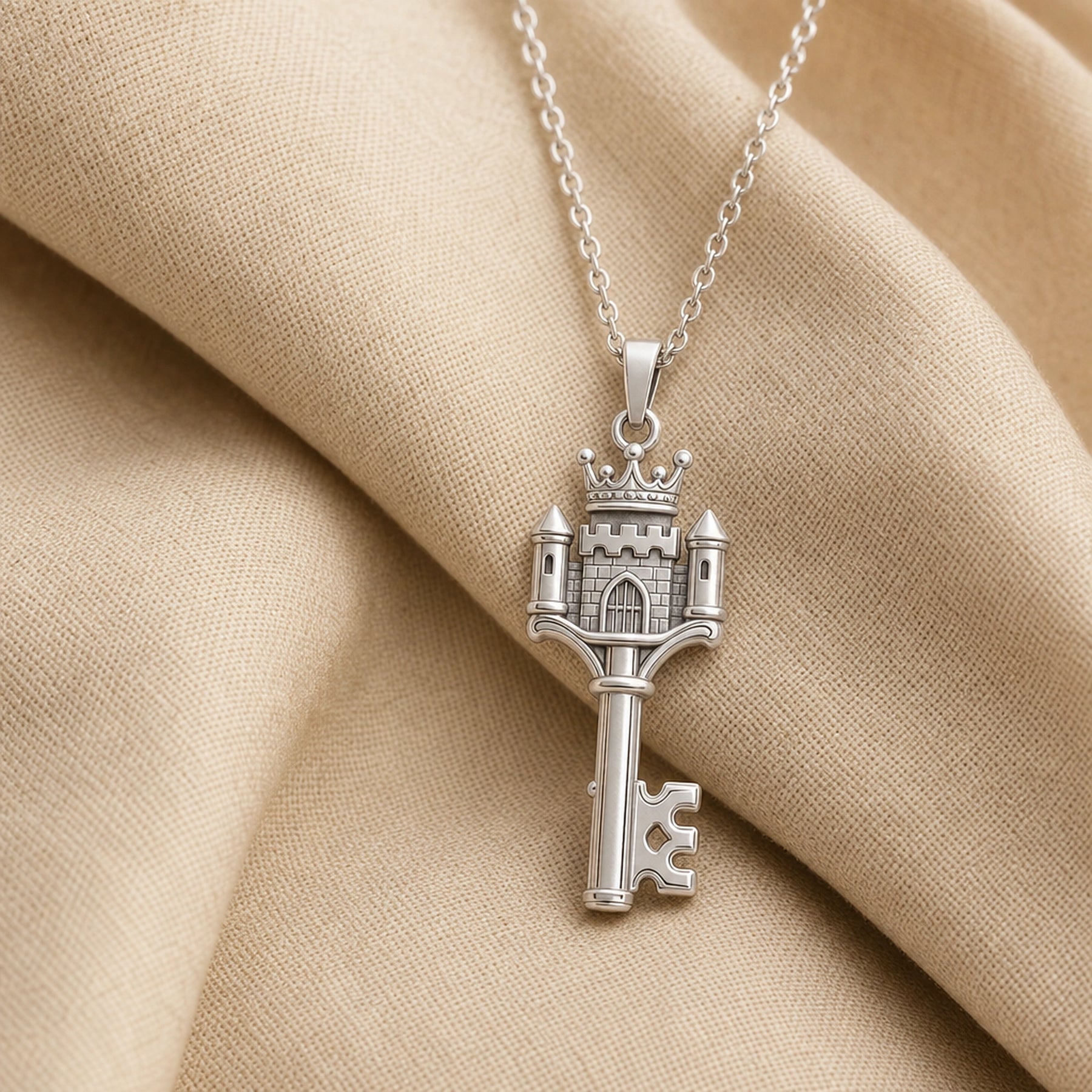 Crowned castle key pendant with raised brickwork, turreted towers, arched doorway, royal crown detail, and a polished warm-toned finish on a cable chain. Silver finish.