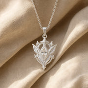 White Crystal Star Elf pendant in 925 sterling silver, featuring a faceted marquise clear crystal framed by pointed leaf forms, raised stars, and detailed celestial metalwork. Silver finish.