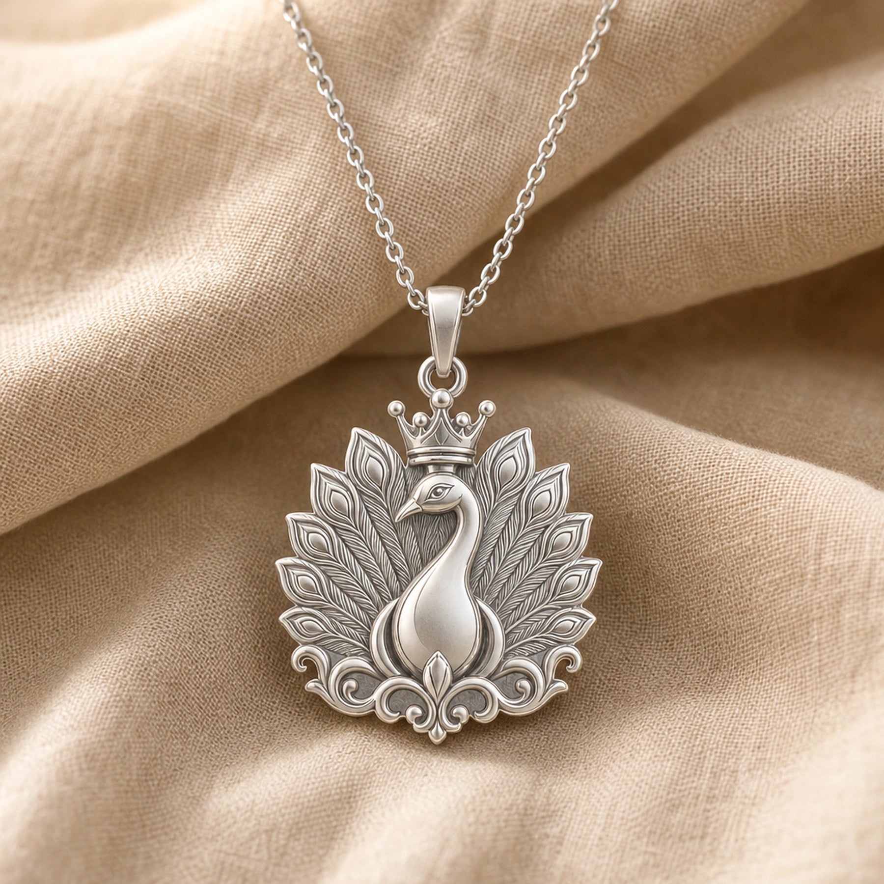 Imperial peacock crown pendant with a raised peacock, layered feather-plume relief, ornate scrolling base, and detailed crown on a cable chain. Silver finish.