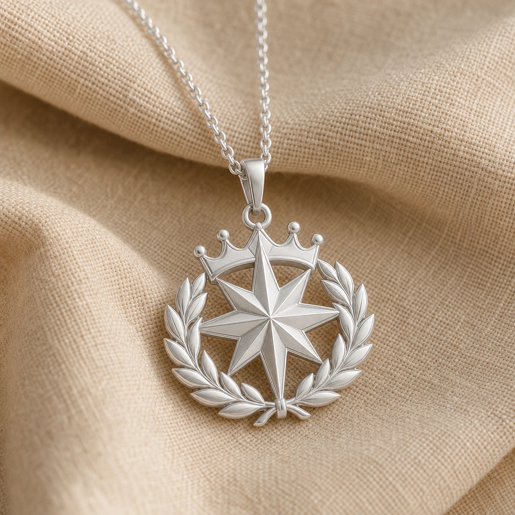 North Star laurel crown pendant with a raised faceted eight-point star, sculpted laurel leaf wreath, and detailed crown motif on a cable chain. Silver finish.