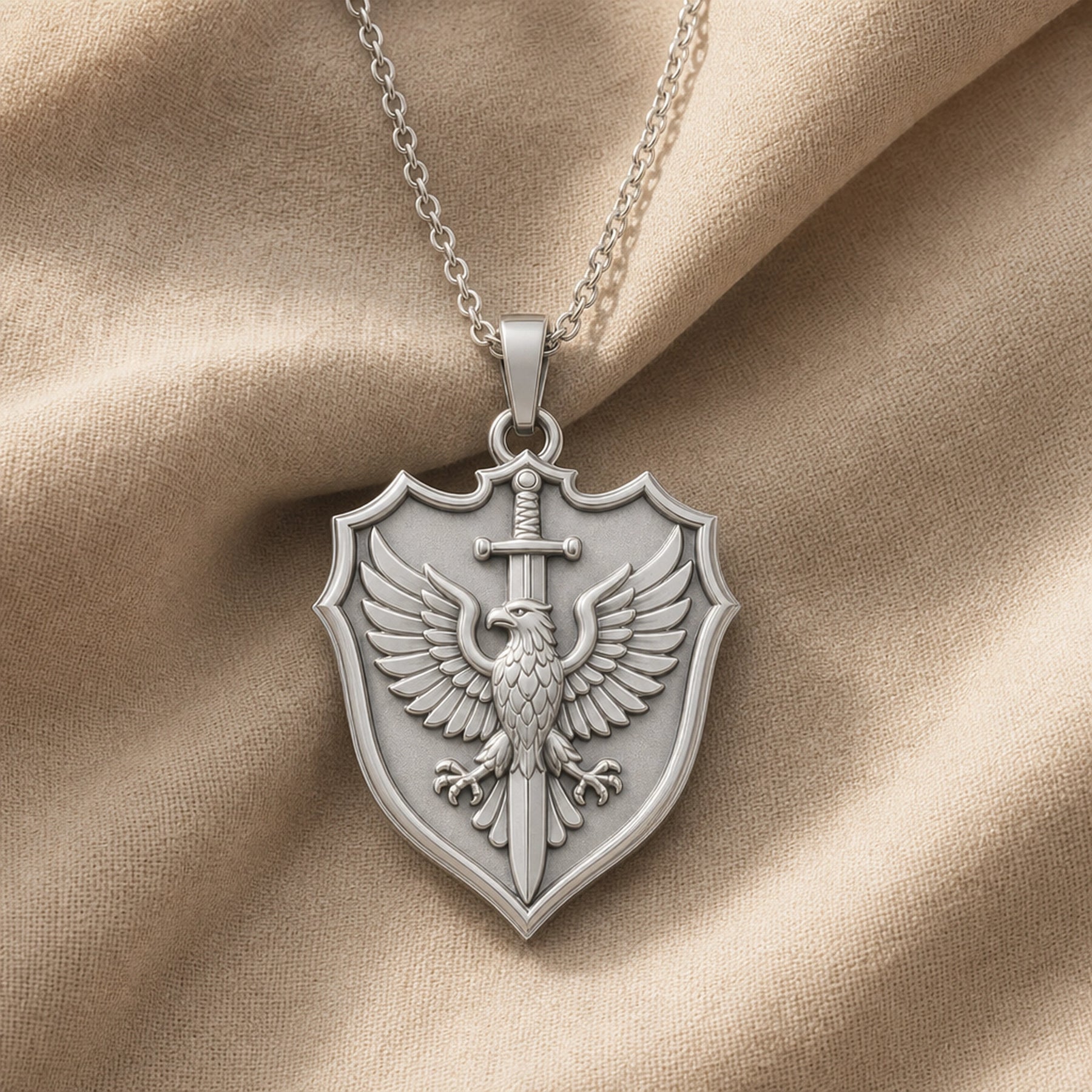 Heraldic eagle swordcrest pendant with a raised winged eagle, vertical sword, pointed shield frame, and detailed feather relief on a warm-toned cable chain. Silver finish.