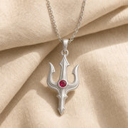 Ruby trident pendant necklace in 925 sterling silver with curved three-pronged relief design and a round vivid red center stone in a bezel-style setting. Silver finish.