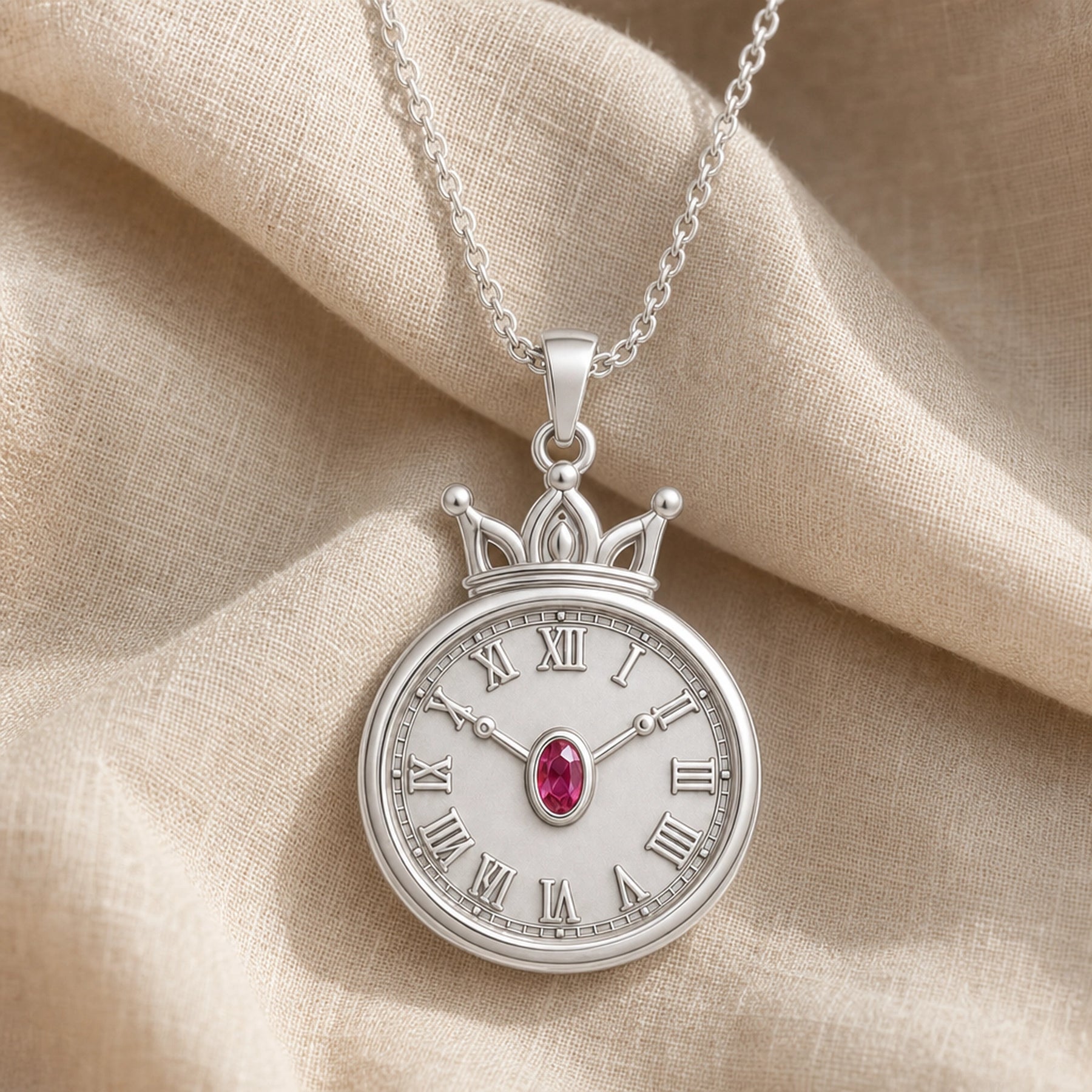 Ruby crowned Roman clock pendant with raised Roman numerals, ornate beaded clock border, sculpted crown, slim hands, and an oval ruby-red center stone in a bezel-style setting. Silver finish.