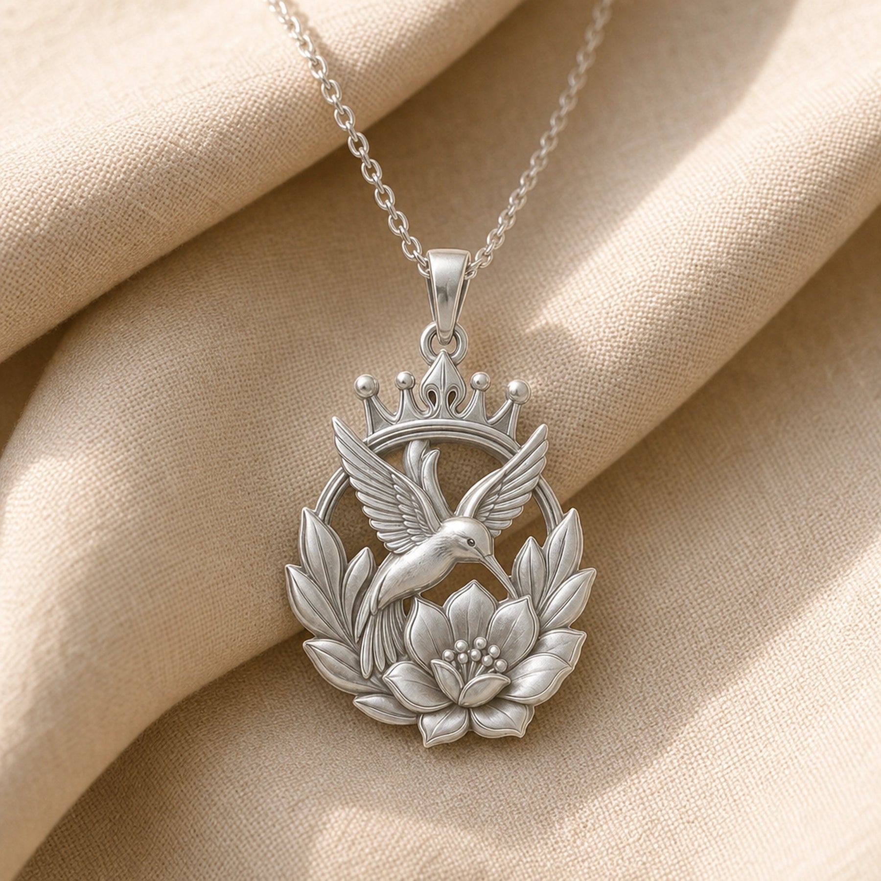 Crownblossom hummingbird pendant necklace with a raised crown, detailed flying bird, open leaf wreath, and sculpted flower in a warm-toned finish. Silver finish.