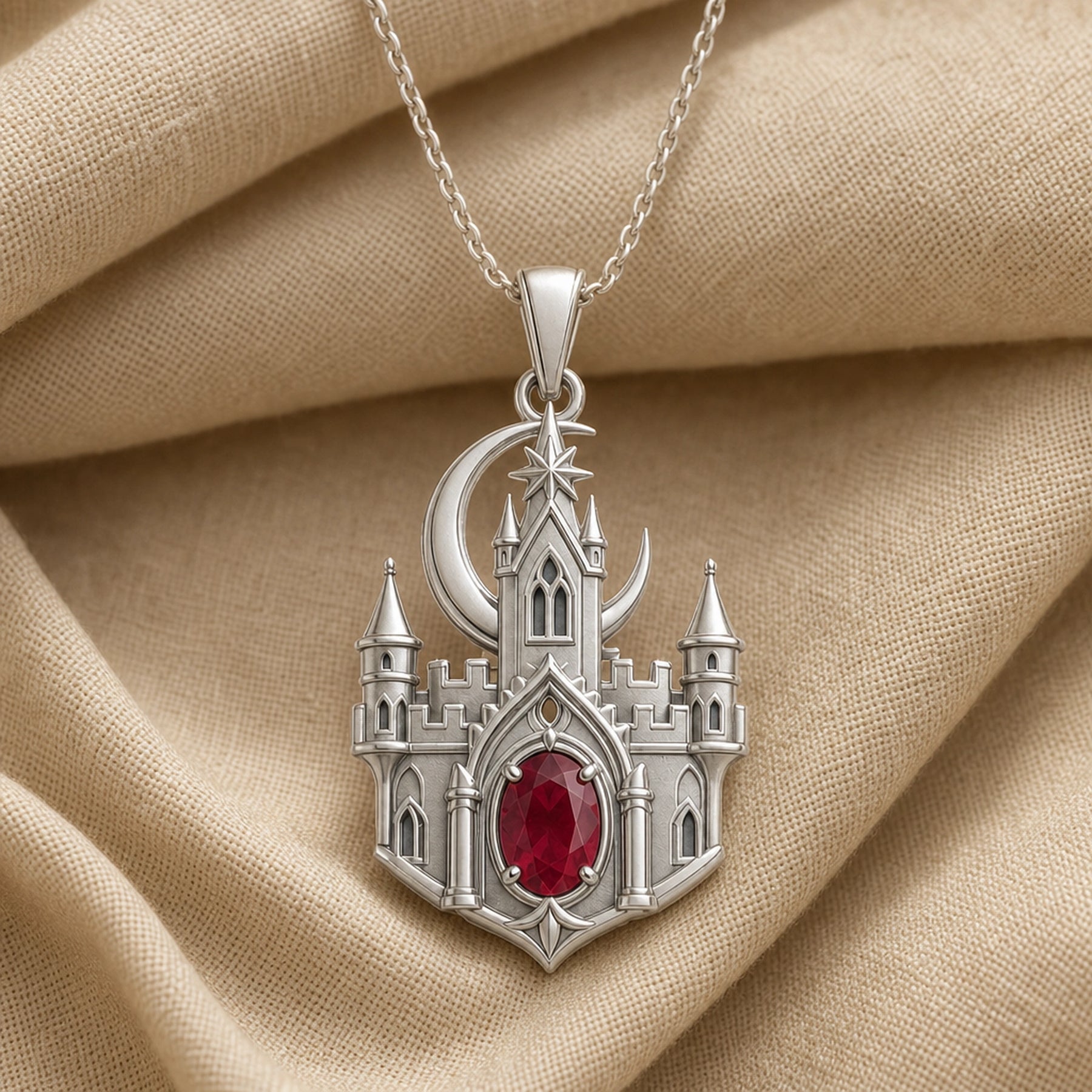 Ruby Moonspire Castle Pendant in 925 sterling silver with detailed pointed towers, arched windows, a crescent moon, star accent, and oval deep red ruby-colored stone in a prong setting. Silver finish.