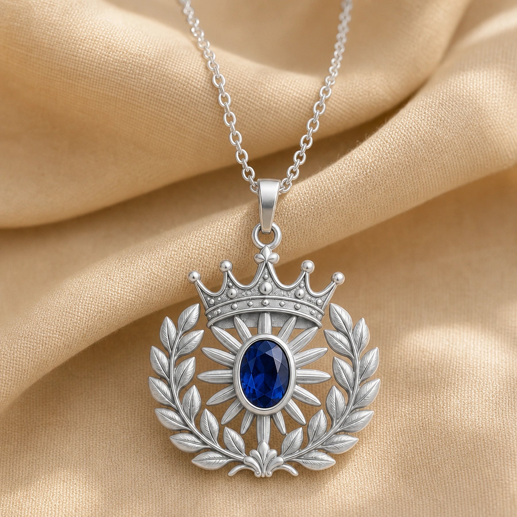 Sapphire laurel crown pendant with an oval deep blue sapphire in a raised setting, radiating sun rays, textured crown, and sculpted laurel wreath details. Silver finish.