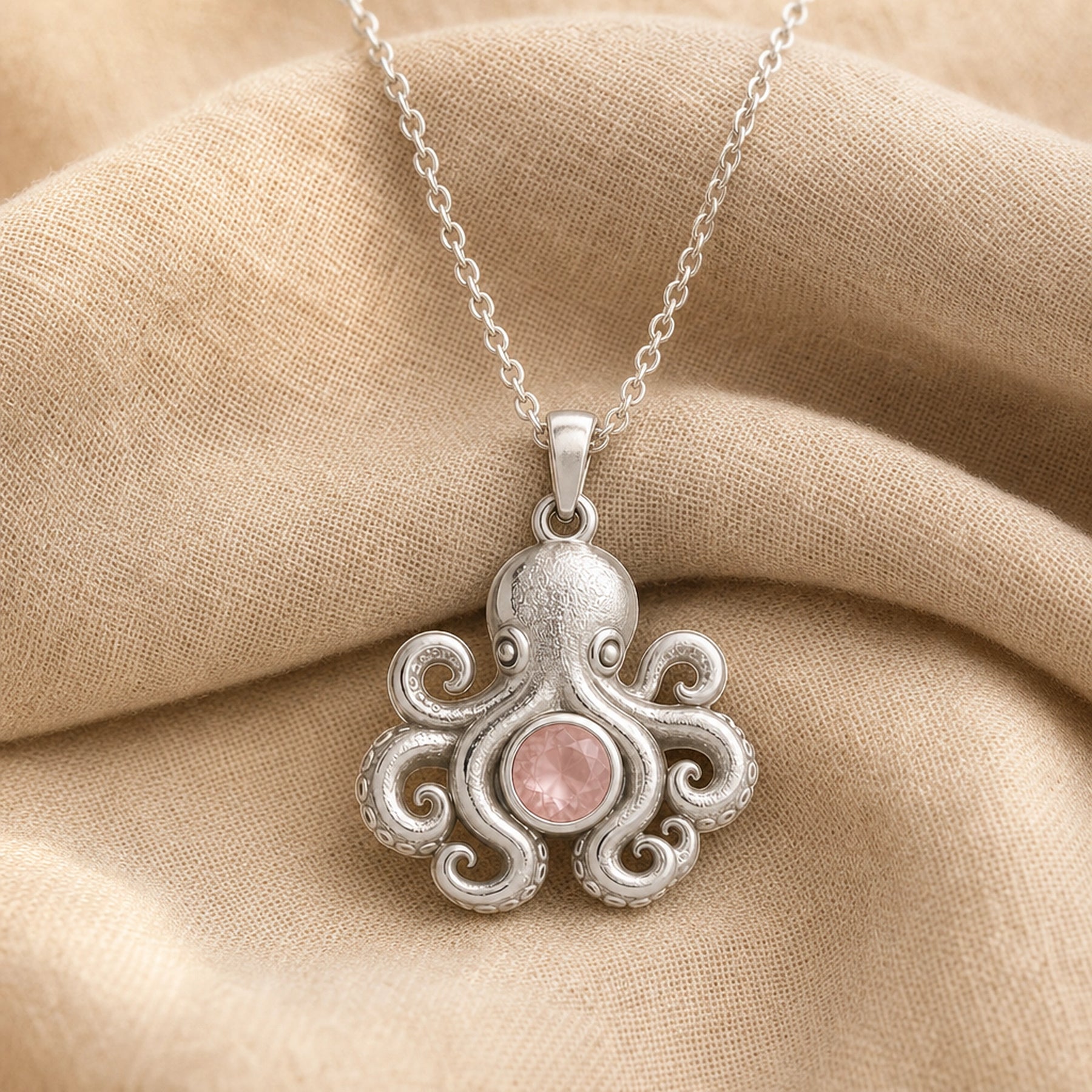 Rose quartz octopus pendant with a round pale pink stone in a smooth bezel setting, textured octopus head, curled tentacles, and ornate raised marine details. Silver finish.