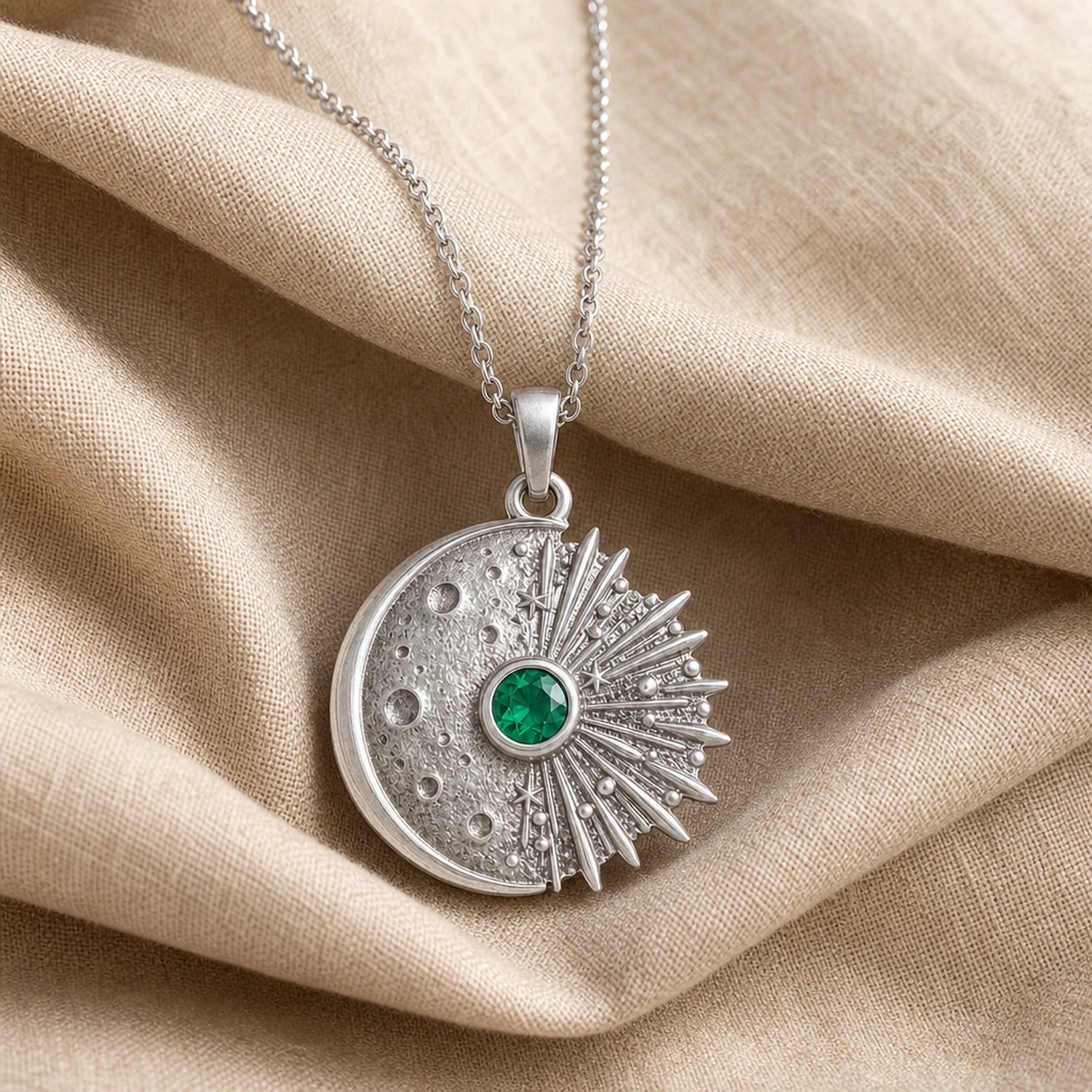 Kepler emerald supernova pendant with a cratered crescent moon, round green emerald center stone in a smooth setting, and detailed radiant starburst rays. Silver finish.