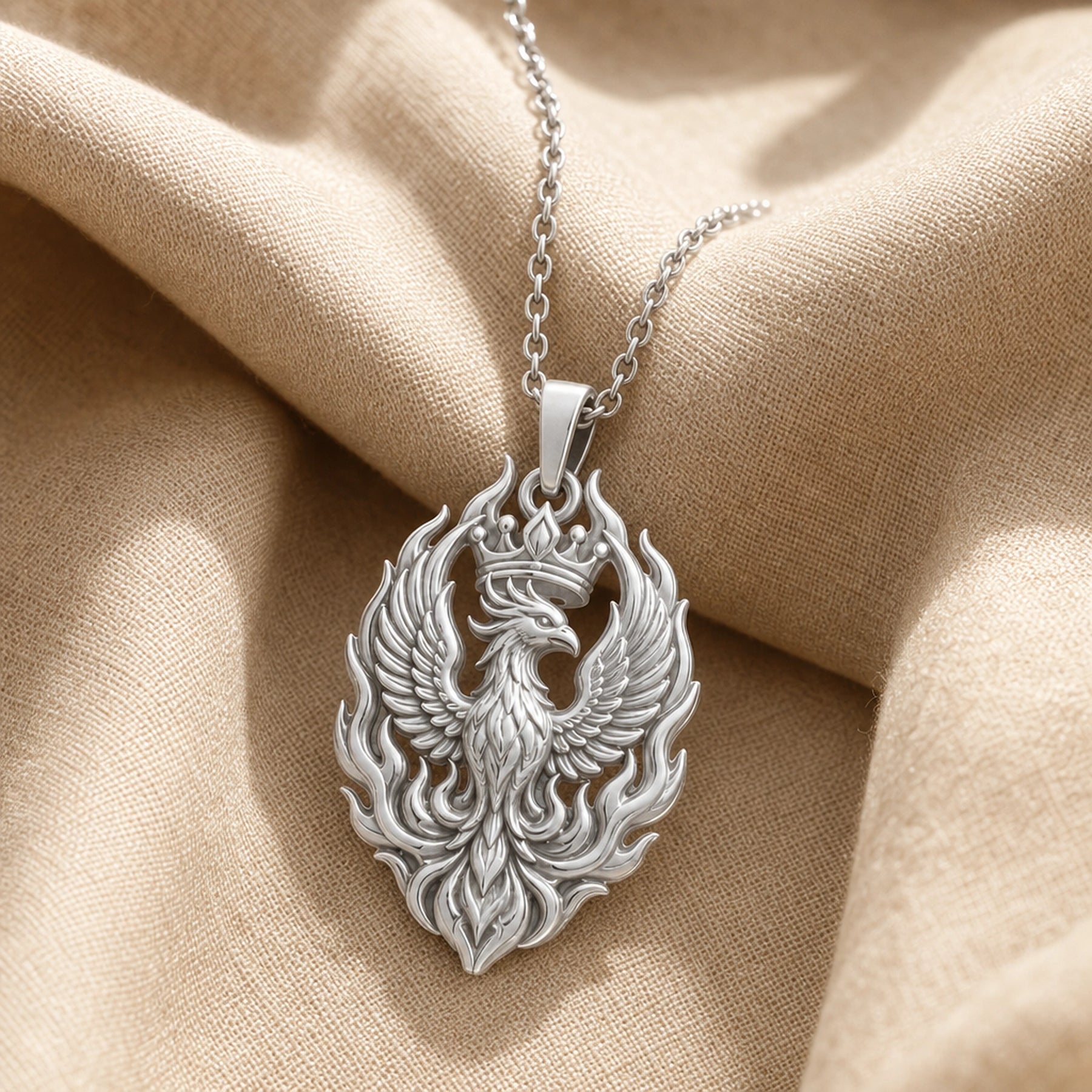 Imperial phoenix crown pendant with raised feathered wings, a detailed crowned bird, and flowing flame-like openwork in a polished sculptural finish. Silver finish.