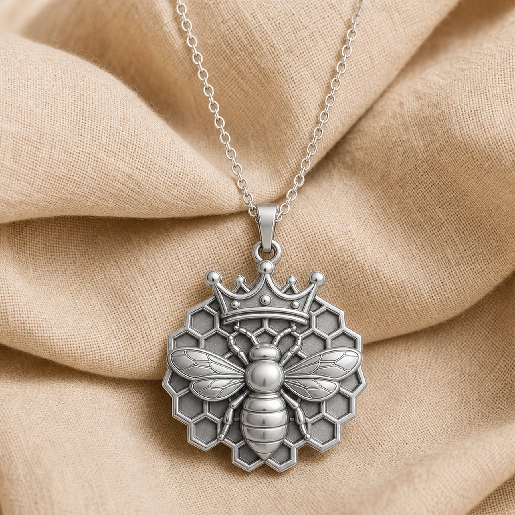 Crowned bee honeycomb pendant in 925 sterling silver, featuring a raised bee with textured wings, a sculpted crown, and open hexagonal honeycomb detailing. Silver finish.