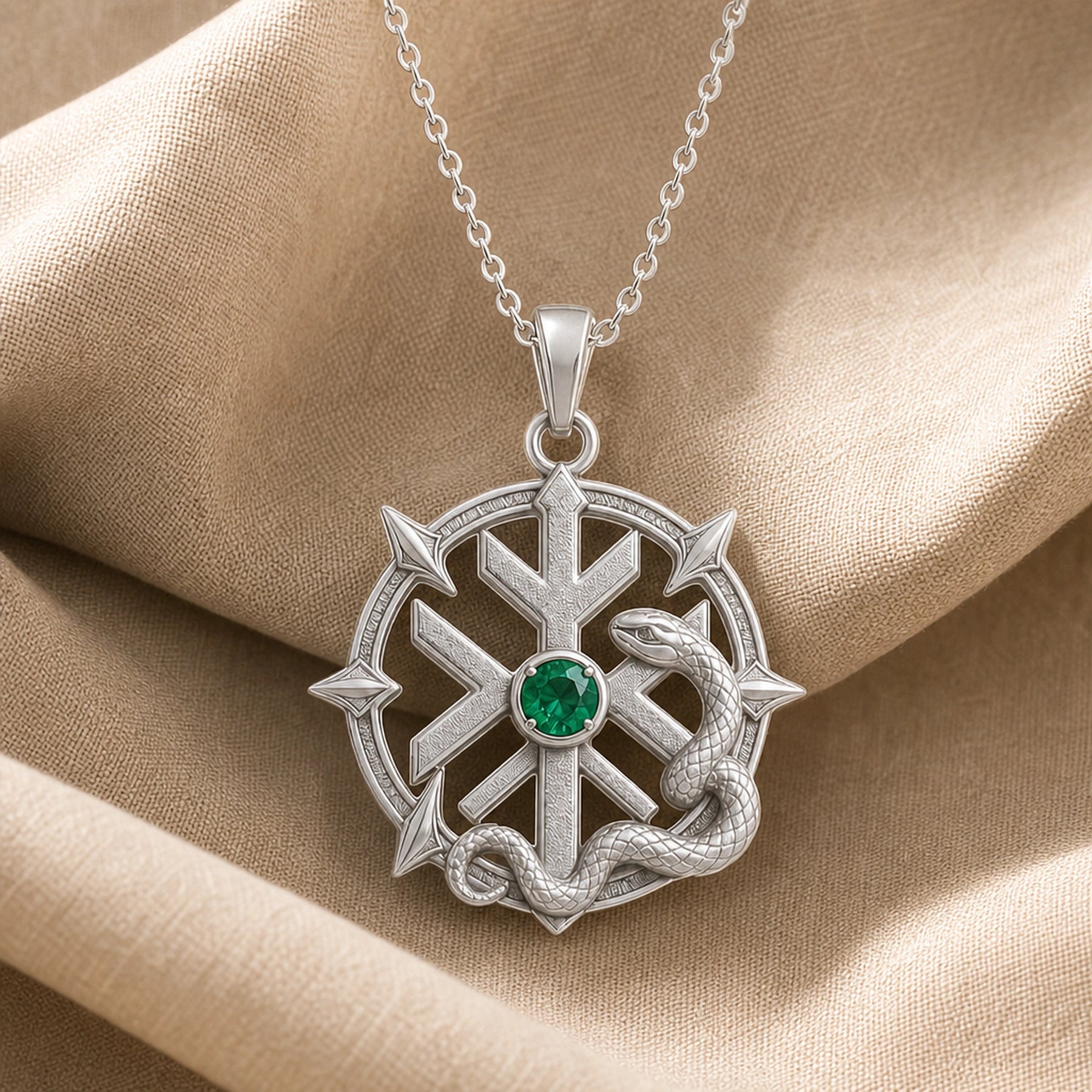 Imperial emerald elder rune snake pendant with a round green bezel-set stone, radiant sun-shaped rune design, and textured serpent relief surrounding the circular frame. Silver finish.