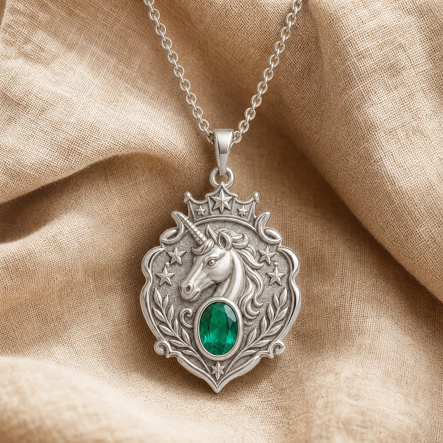Emerald Unicorn Starcrest Pendant with a sculpted unicorn head, raised stars and leaf details, and an oval faceted green emerald in a framed center setting. Silver finish.