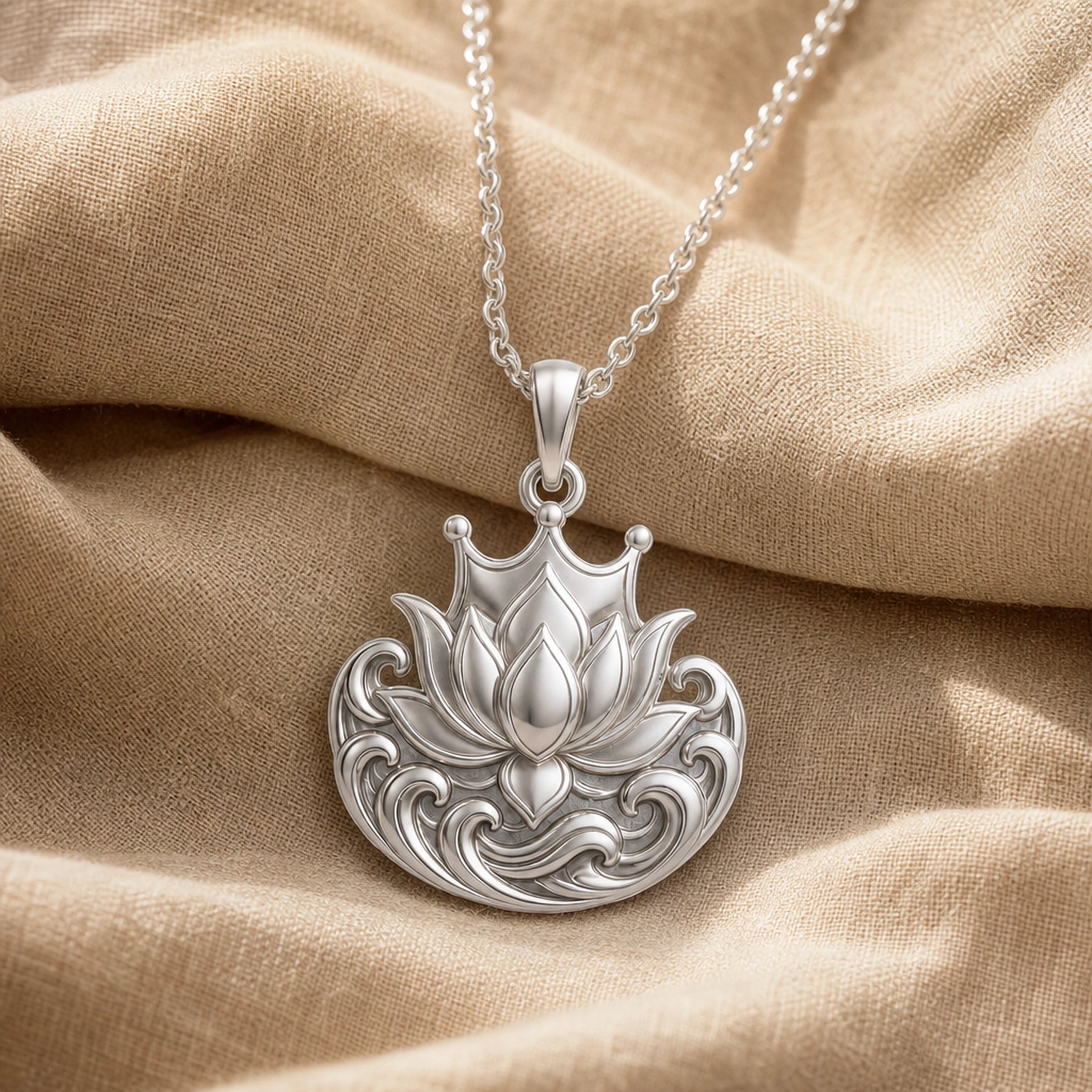 Royal Lotus Tidecrown pendant with a raised lotus bloom, crown-like arches, and detailed wave scrollwork in a polished stone-free 925 sterling silver design. Silver finish.
