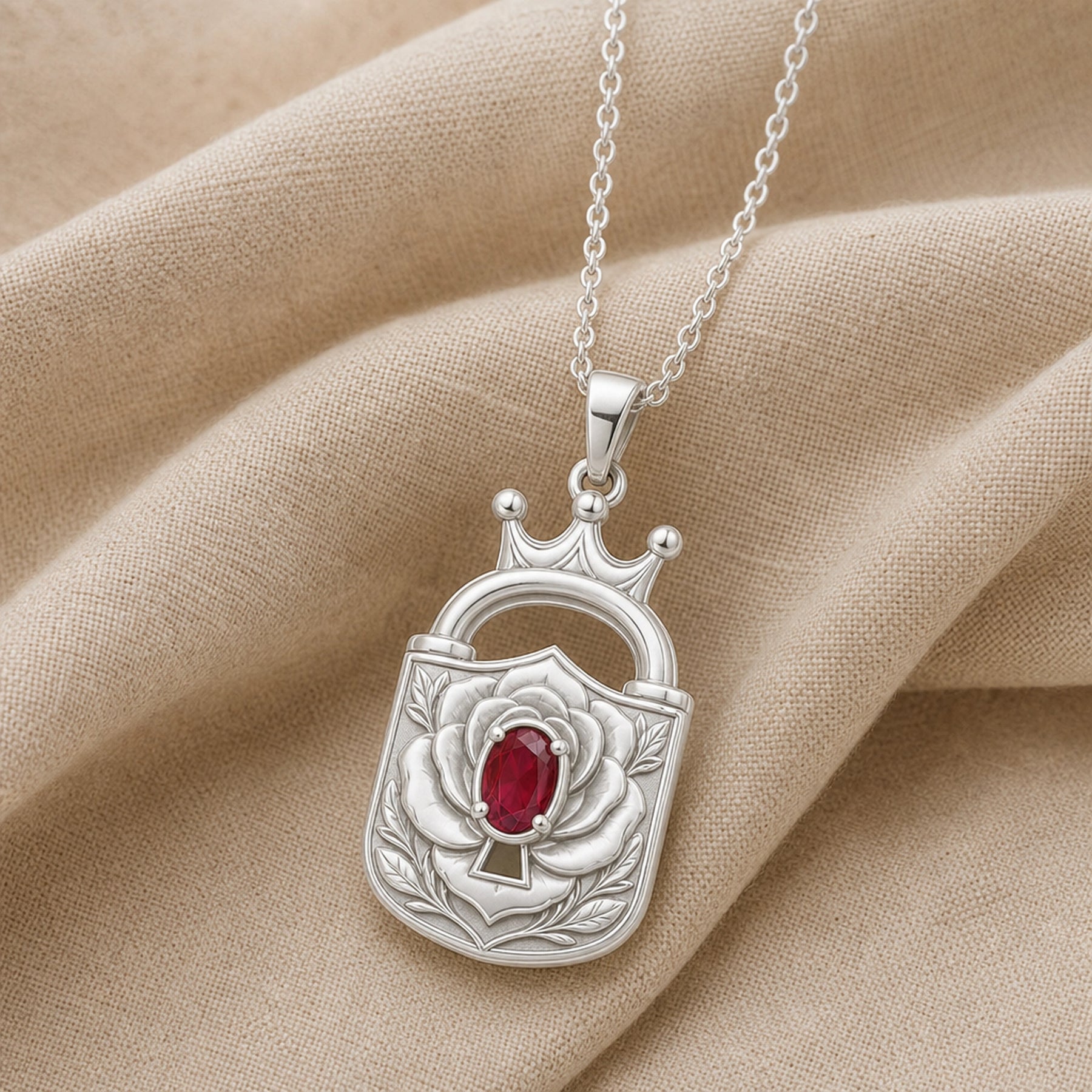 Ruby rose lock crown pendant with a deep red oval ruby in a prong setting, raised floral petals, engraved leaves, and an ornate crowned padlock design. Silver finish.