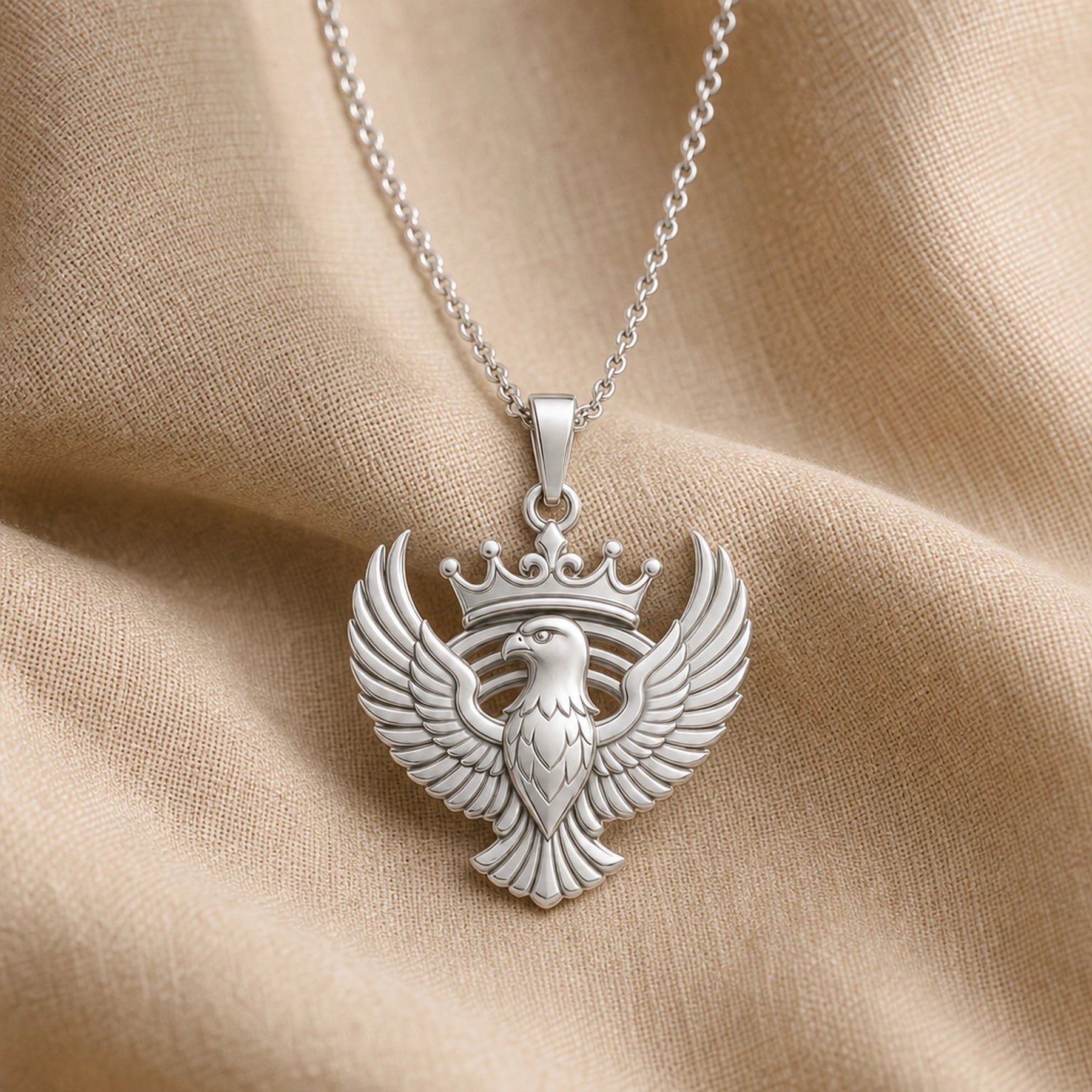 Crowned sky falcon pendant with wide spread wings, layered feather relief, a detailed bird head, sculpted crown, and warm-toned finish on a cable chain. Silver finish.