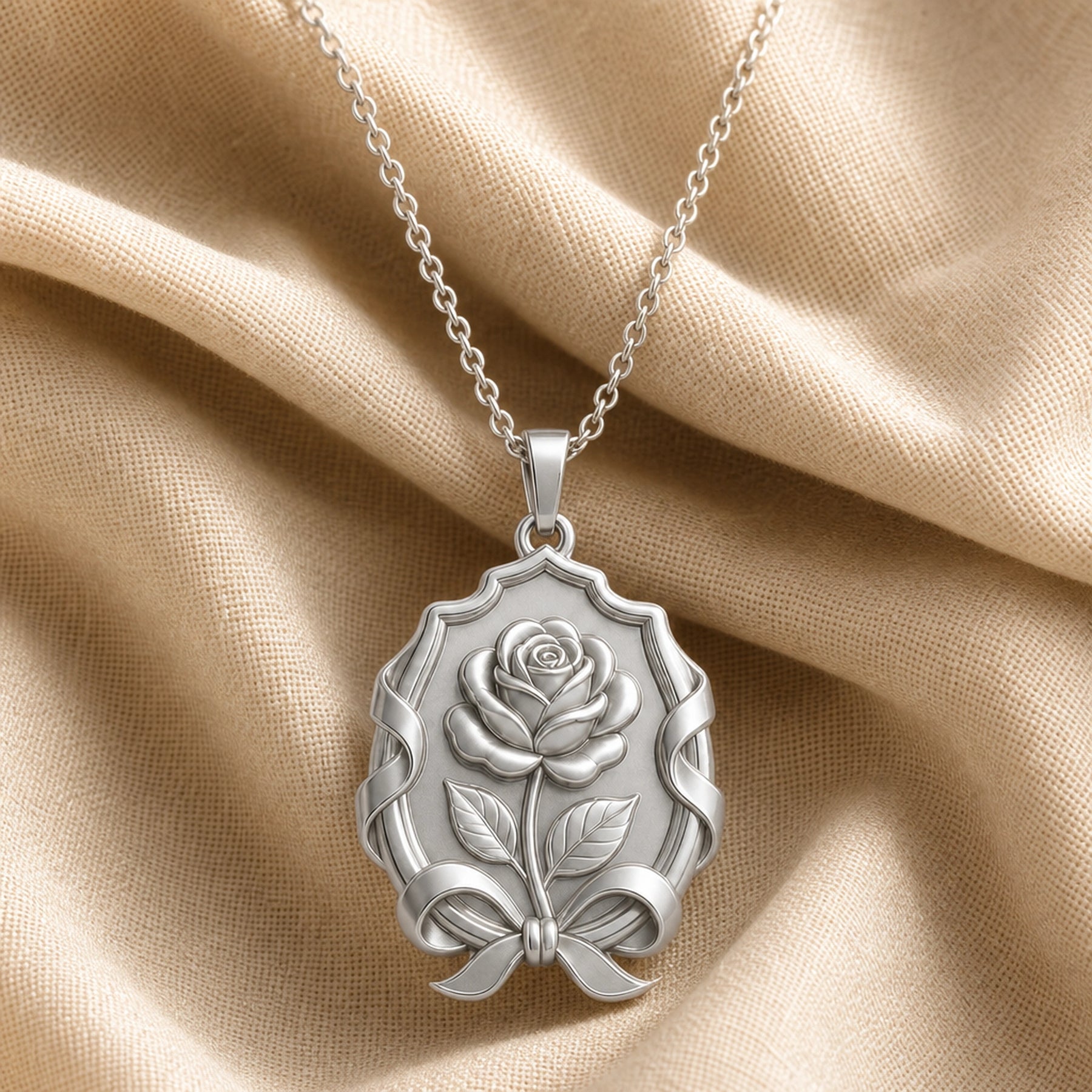 Duchess rose ribbon emblem pendant with a raised floral relief, engraved leaves, flowing ribbon frame, bow detail, and polished warm-toned finish. Silver finish.