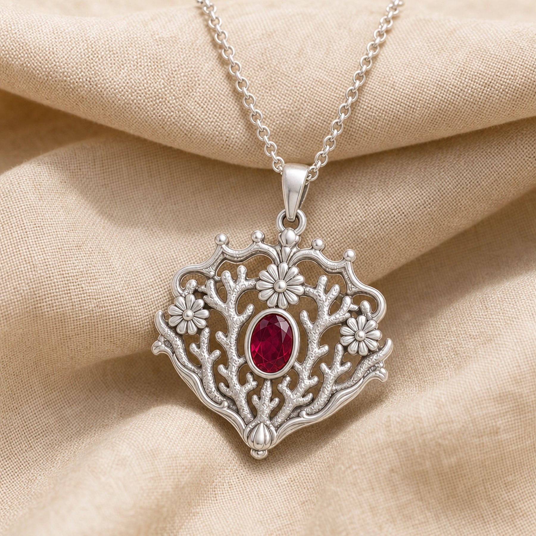 Ruby coral crown daisy pendant with an oval deep-red stone in a smooth bezel, raised daisy flowers, and branching coral-like openwork in an ornate frame. Silver finish.