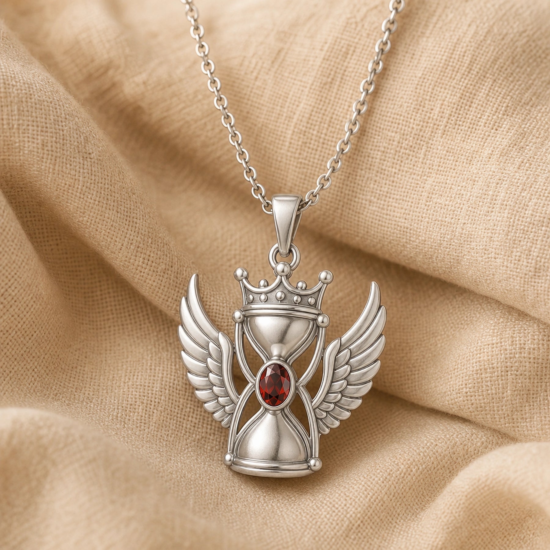 Crowned winged hourglass garnet pendant with layered feathered wings, raised crown detail, sculpted hourglass frame, and faceted deep red garnet centerpiece. Silver finish.