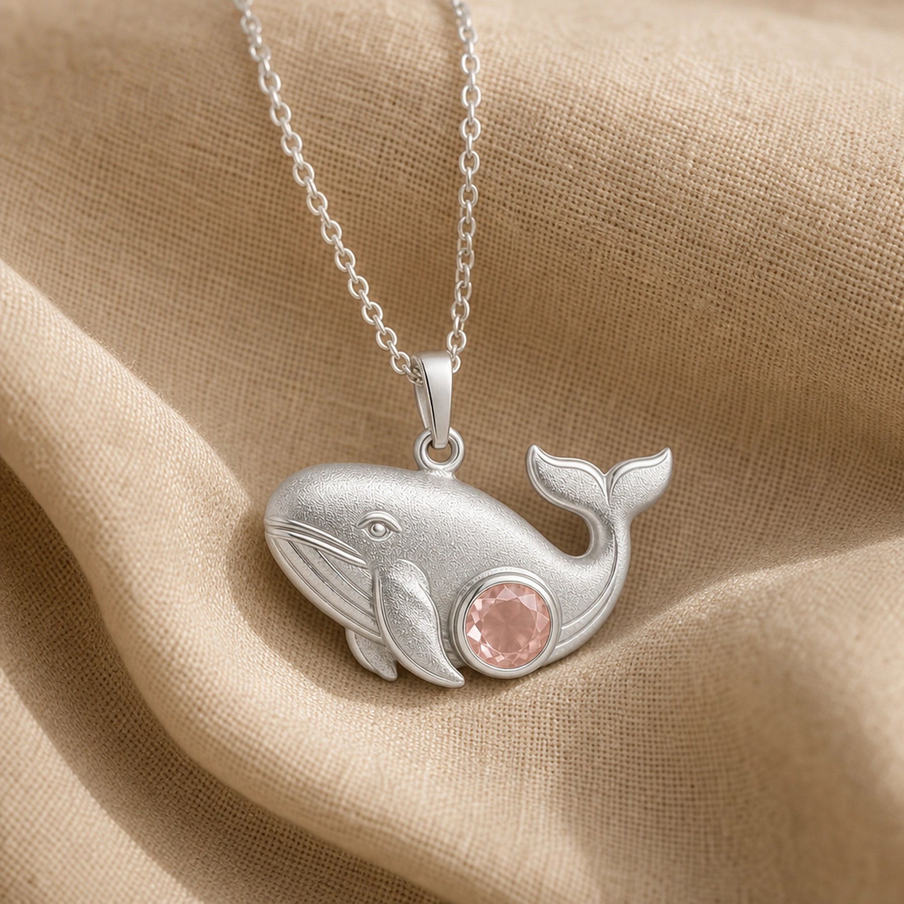 925 sterling silver whale pendant with sculpted fins, lifted tail and a round pale pink rose quartz centerpiece. Silver finish.
