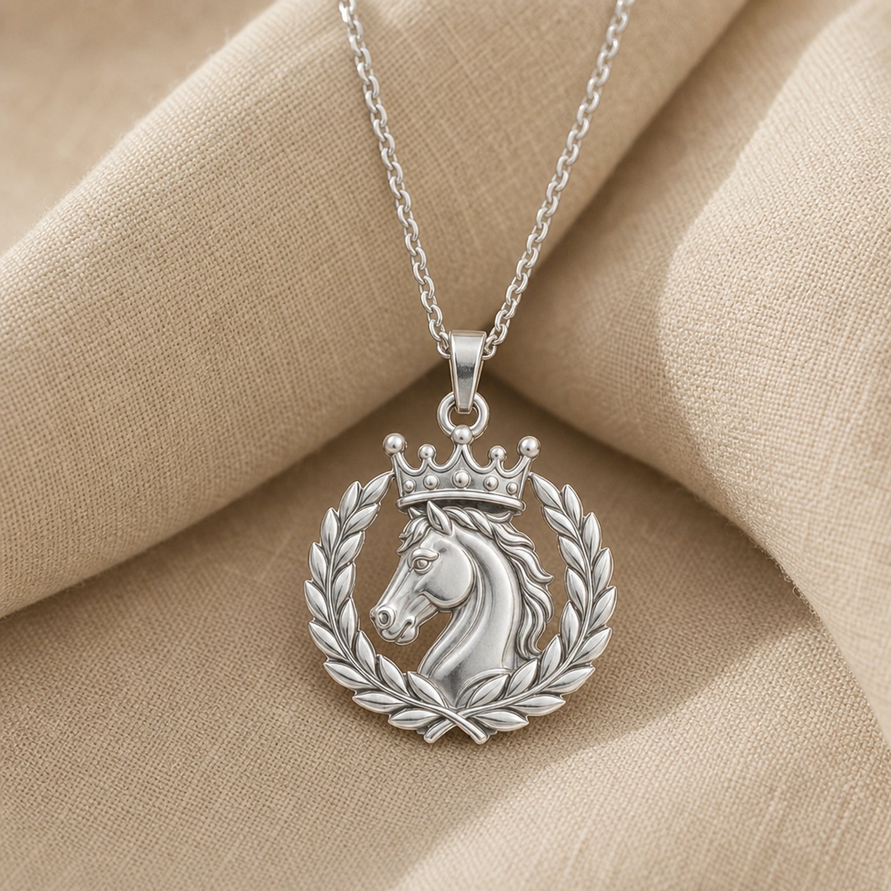 Imperial horse laurel crown pendant necklace with a sculpted horse head, ornate crown, detailed laurel wreath, raised relief, and warm yellow-toned finish on a cable chain. Silver finish.