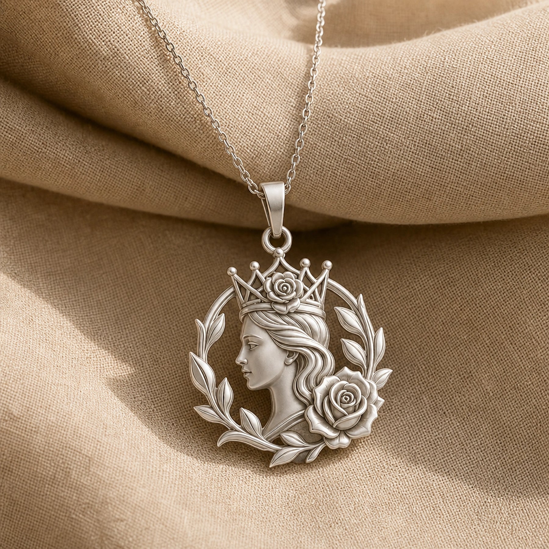 Handcrafted 925 sterling silver queen portrait tema rose crown shown as a detailed pendant necklace. Silver finish.