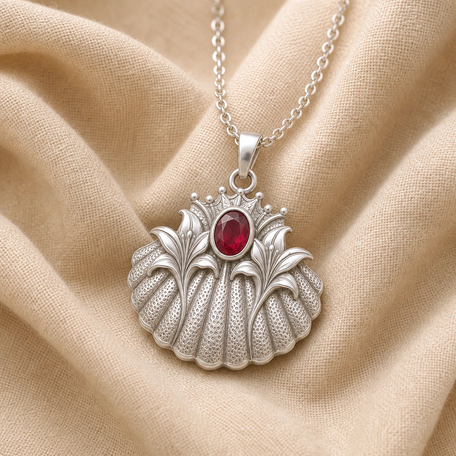 Crowned ruby lily shell pendant with raised lily petals, textured shell relief, crown detail, and an oval ruby-red stone in a smooth bezel-style setting. Silver finish.