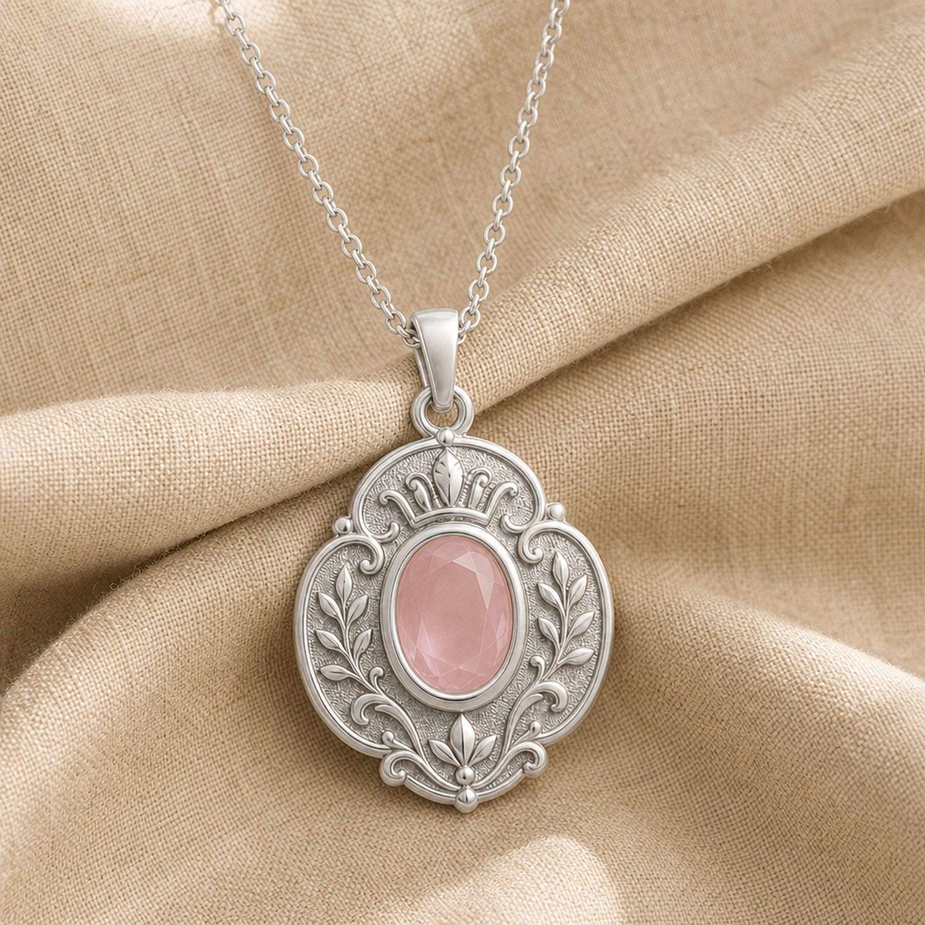 Rose quartz regal garden pendant with a faceted oval pink stone in a smooth bezel setting, surrounded by raised leaf motifs, scrollwork, and textured floral details. Silver finish.
