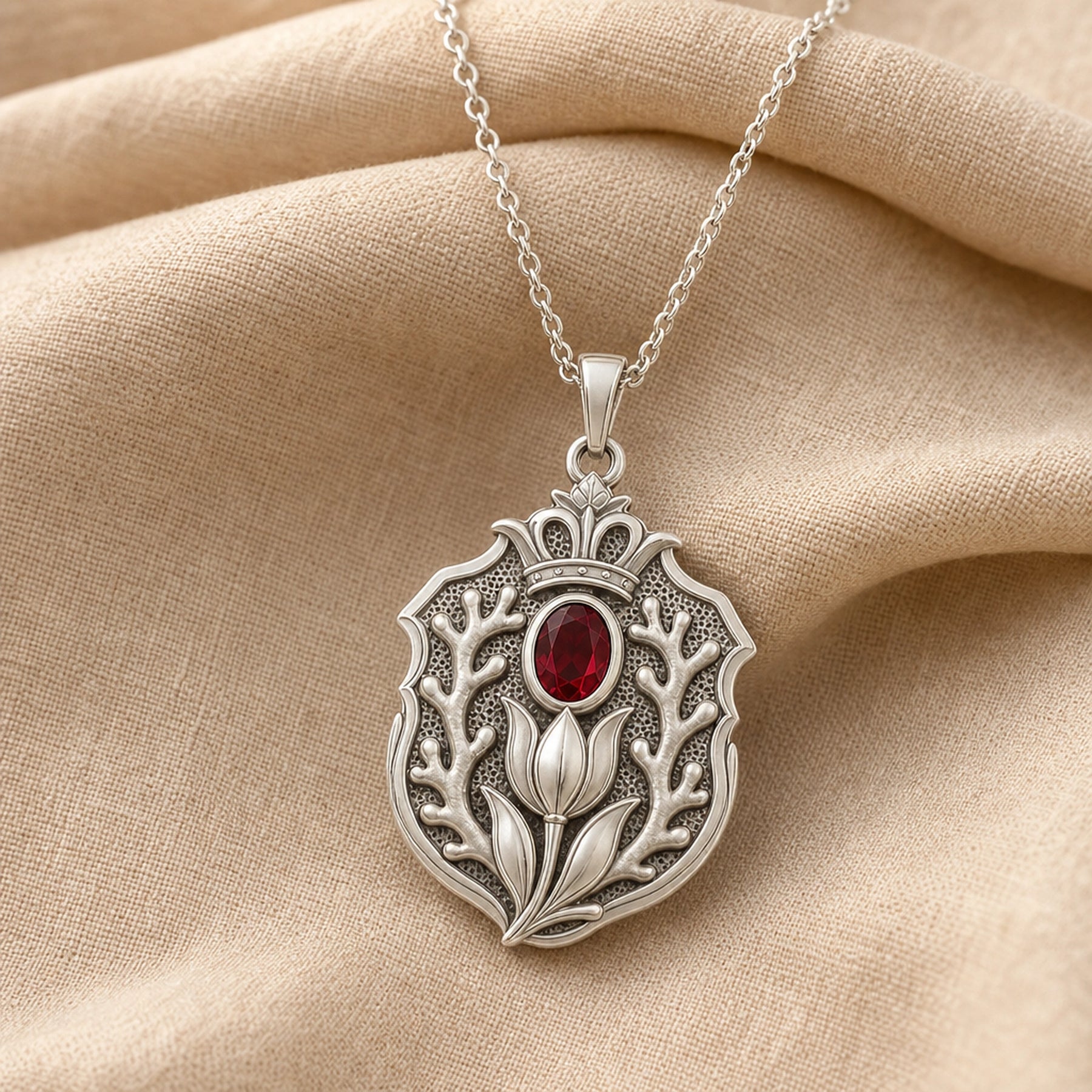 Imperial ruby sacred coral tulip pendant with a faceted deep-red oval stone in a smooth bezel setting, crowned detail, raised tulip bloom, and branching coral-inspired relief. Silver finish.