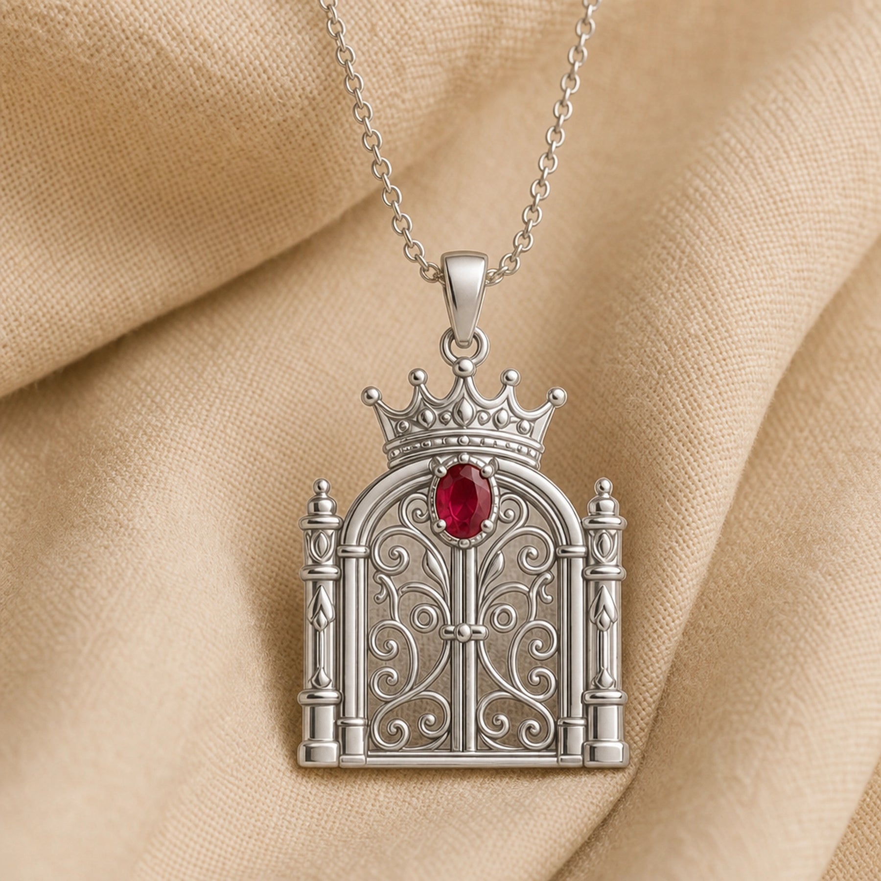 Ruby crowned gate pendant with a deep red oval stone in a raised setting, ornate curling ironwork, framed columns, and a detailed crown above the arched gate. Silver finish.
