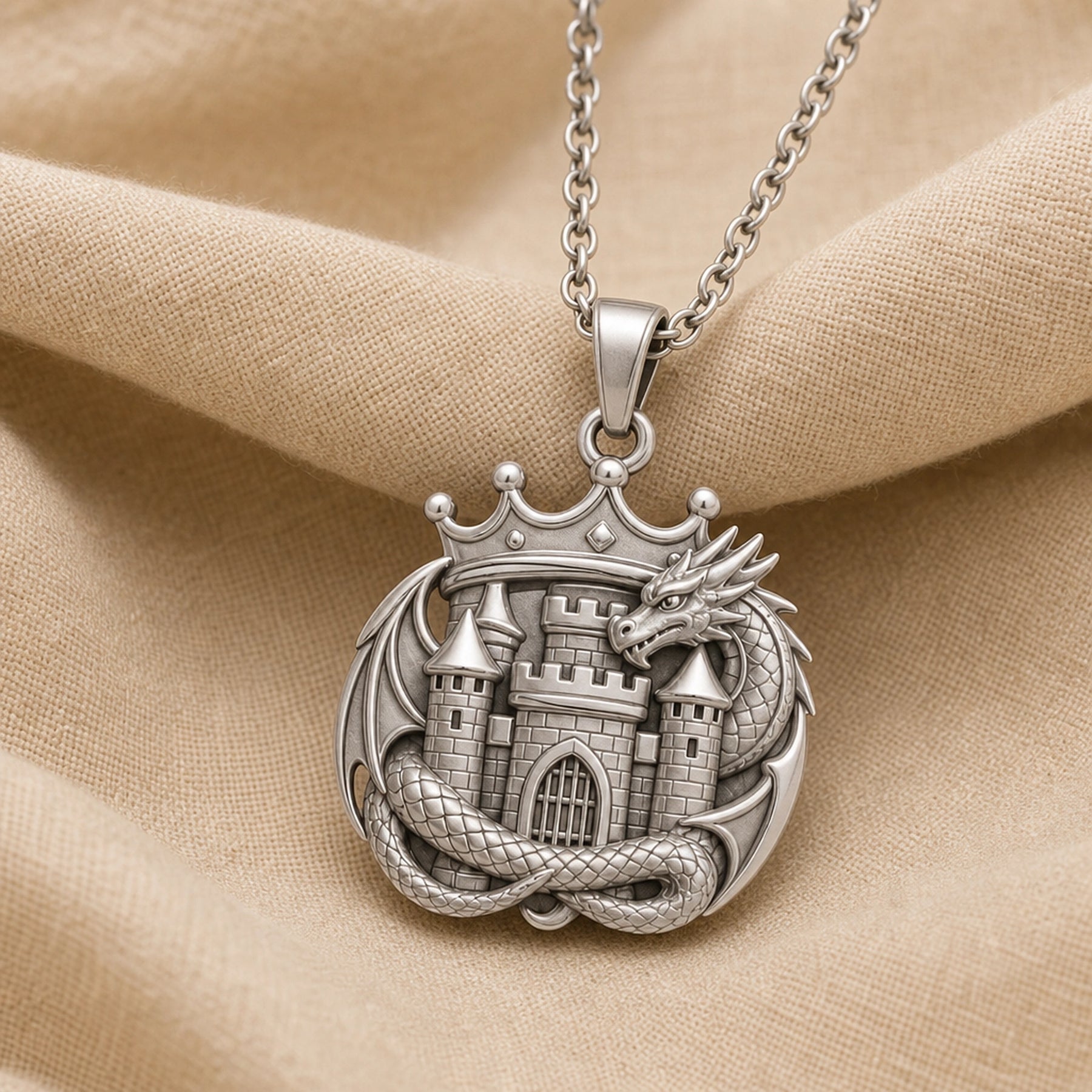 Dragonkeep crown pendant in 925 sterling silver with a detailed crowned castle, arched gate, scaled dragon wrapped around the design, wings, horns, and raised medieval relief. Silver finish.