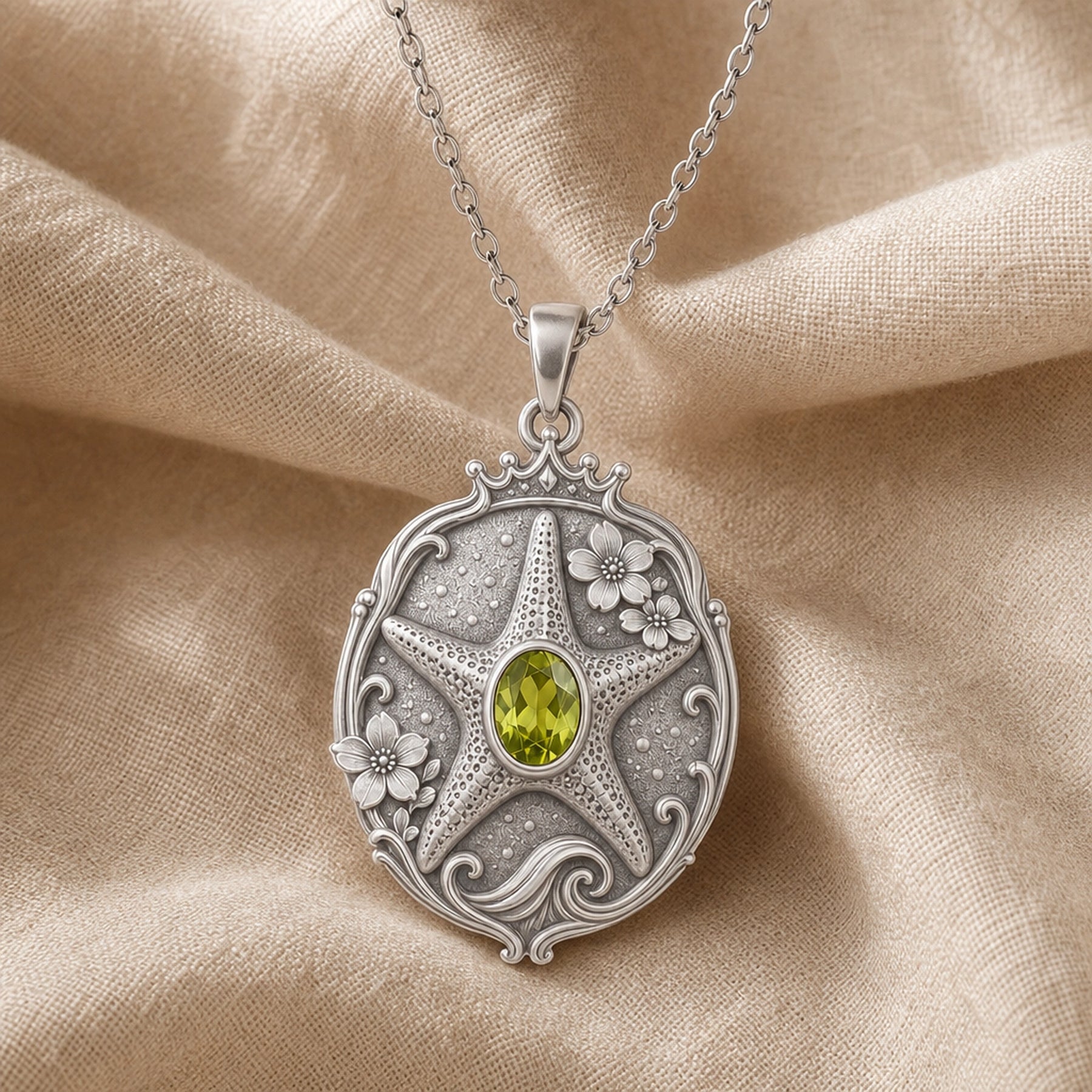 Ornate peridot Sakura starfish locket pendant with a raised textured starfish, small floral details, scrolling border and oval green stone in a bezel-style setting. Silver finish.