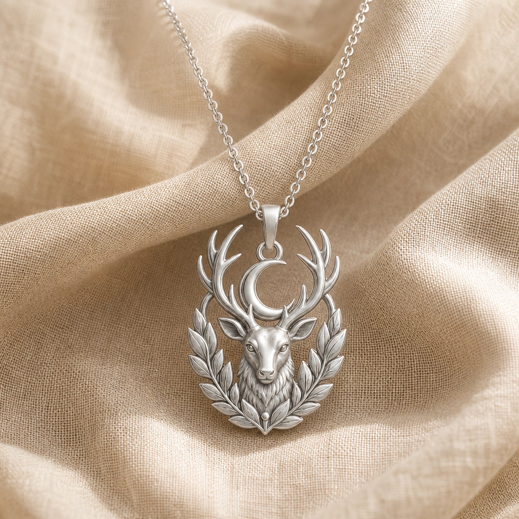 Moonleaf stag pendant necklace in 925 sterling silver with a raised deer head, branching antlers, crescent moon, and detailed leaf wreath in a warm yellow-tone finish. Silver finish.