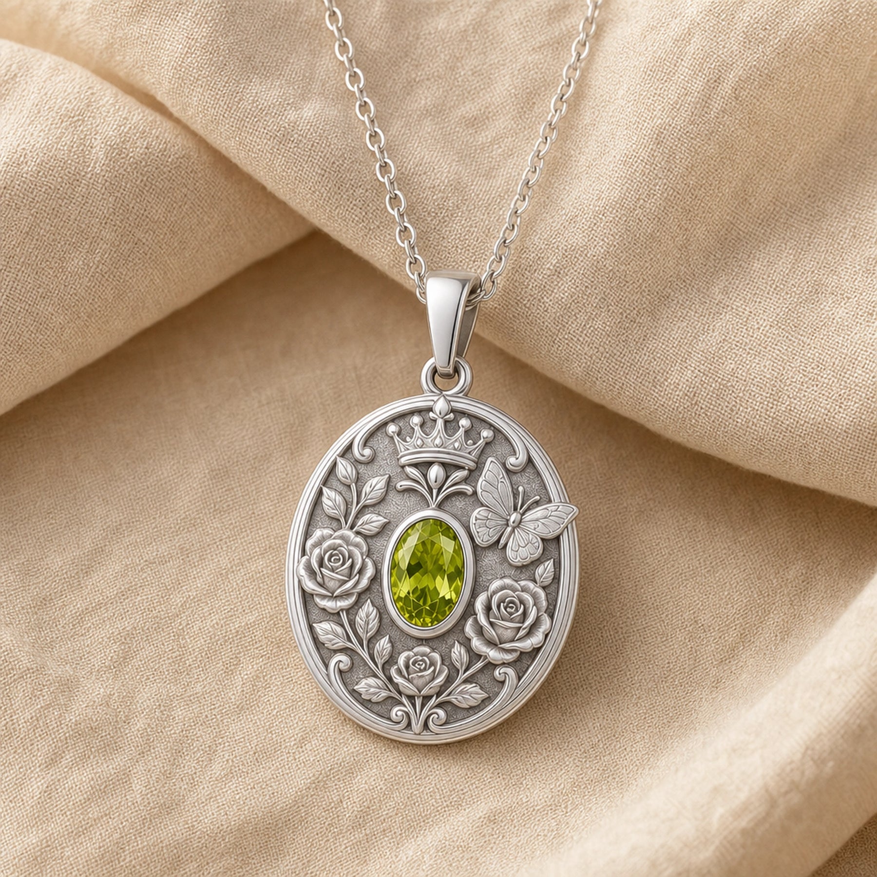 Oval peridot butterfly pendant in 925 sterling silver with a faceted green stone, raised roses, leafy vines, crown detail, and a sculpted butterfly. Silver finish.