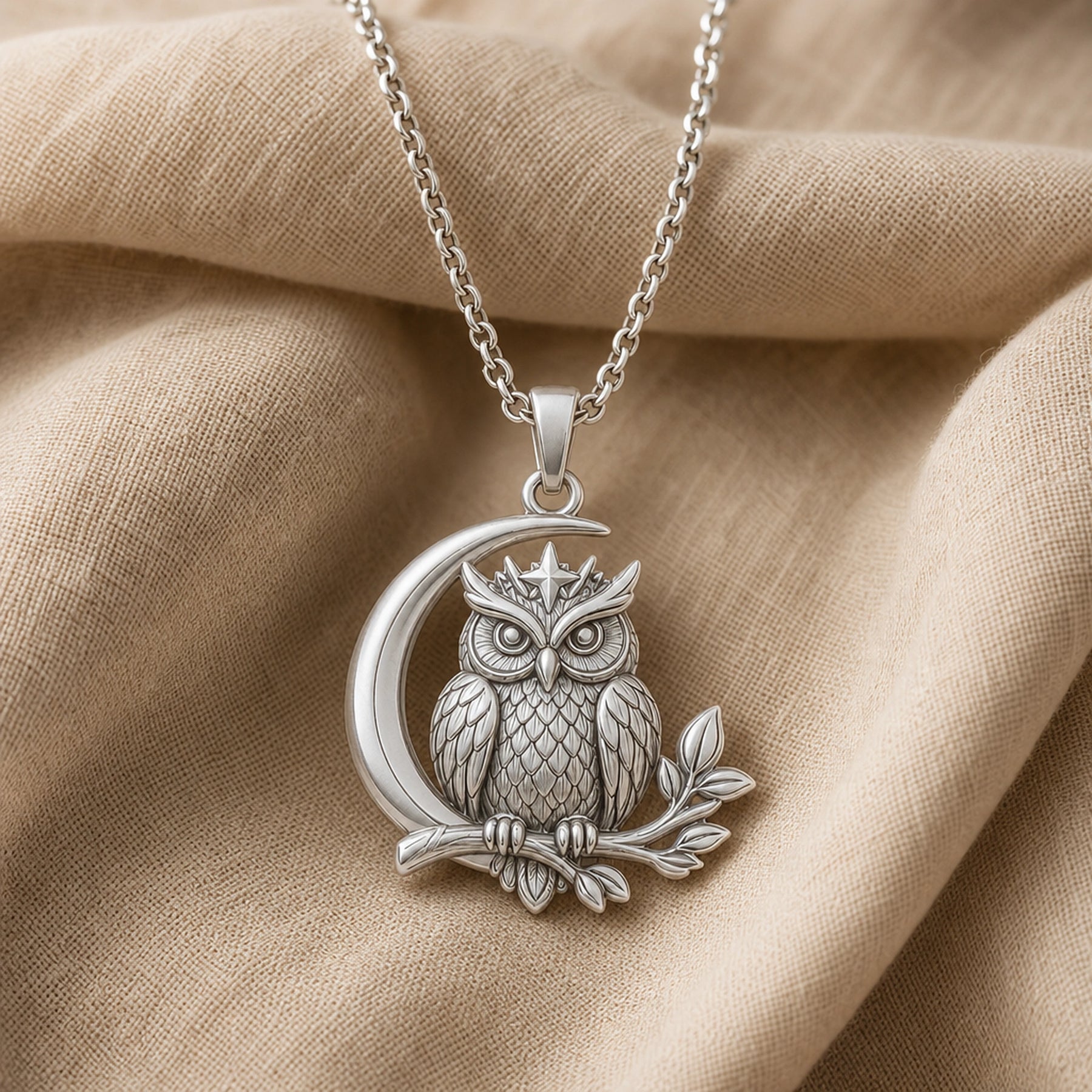 Moonbranch owl pendant in 925 sterling silver with a detailed feathered owl perched on a leafy branch, framed by a crescent moon and raised star accent. Silver finish.