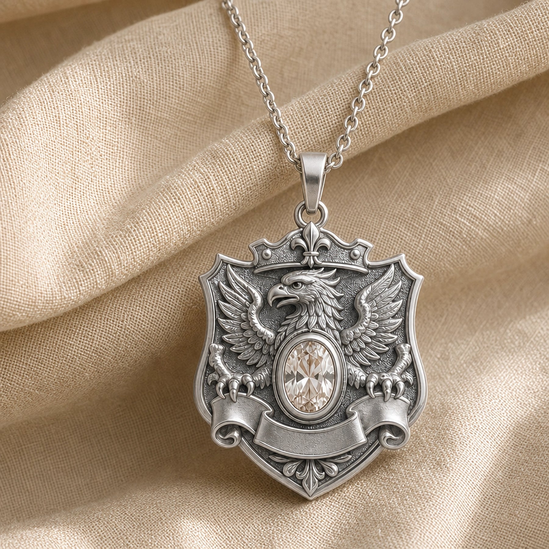 Crystal griffin crest pendant with a raised winged griffin, detailed shield and banner scroll, and a clear oval crystal in a smooth bezel-style setting. Silver finish.
