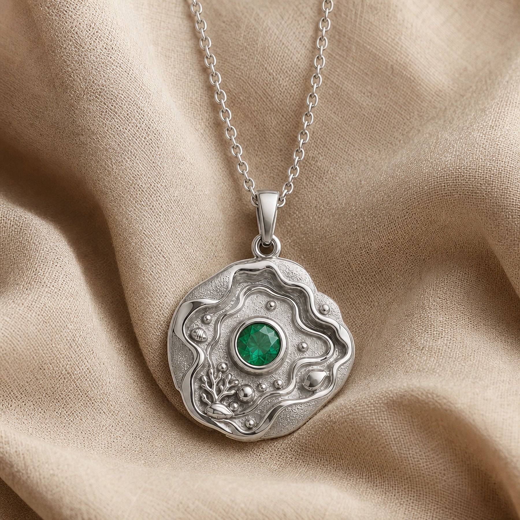 Emerald tide pool pendant necklace with a faceted green center stone in a bezel setting, surrounded by layered wave relief, shell details, coral-inspired accents, and textured ocean motifs. Silver finish.