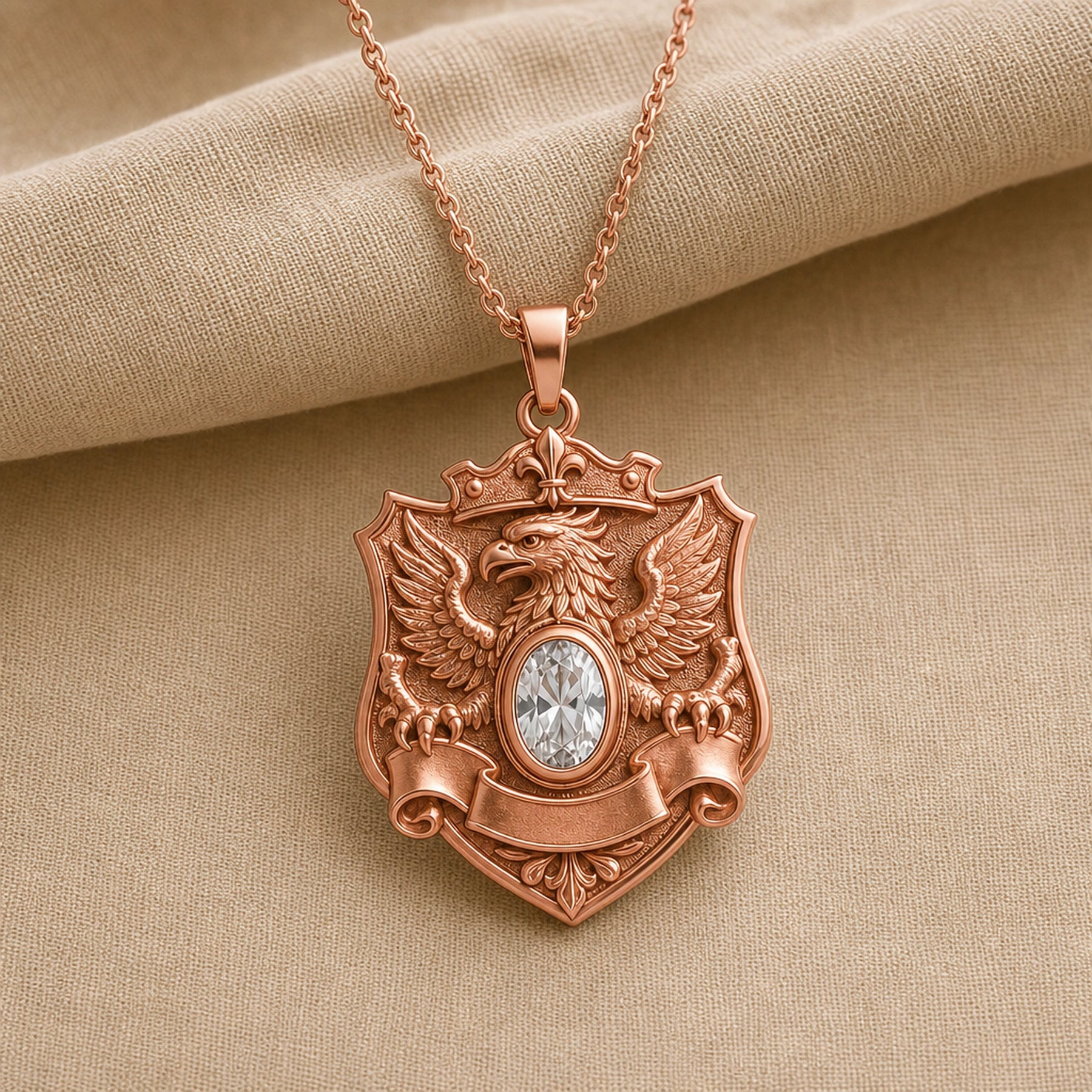 Crystal griffin crest pendant with a raised winged griffin, detailed shield and banner scroll, and a clear oval crystal in a smooth bezel-style setting. Rose gold finish.