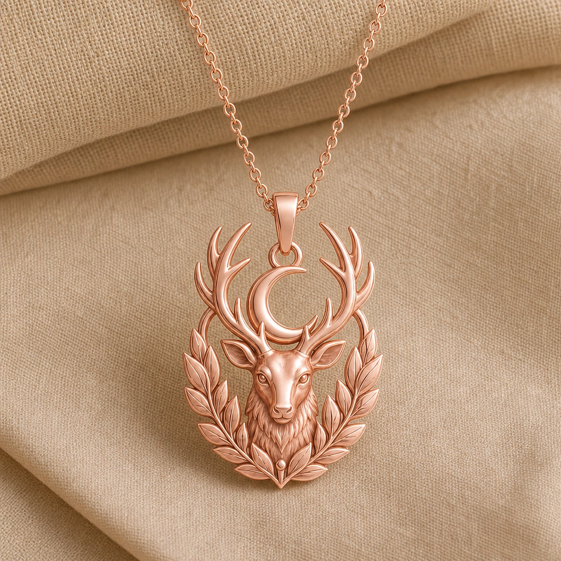 Moonleaf stag pendant necklace in 925 sterling silver with a raised deer head, branching antlers, crescent moon, and detailed leaf wreath in a warm yellow-tone finish. Rose gold finish.