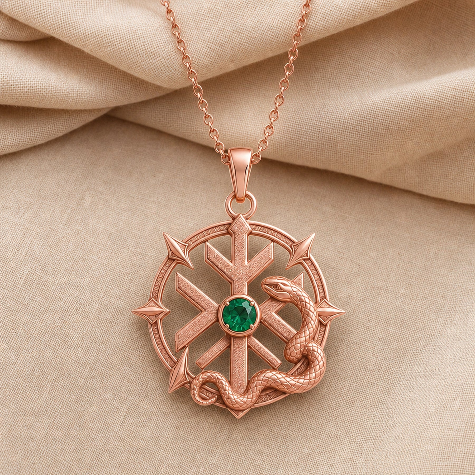 Imperial emerald elder rune snake pendant with a round green bezel-set stone, radiant sun-shaped rune design, and textured serpent relief surrounding the circular frame. Rose gold finish.