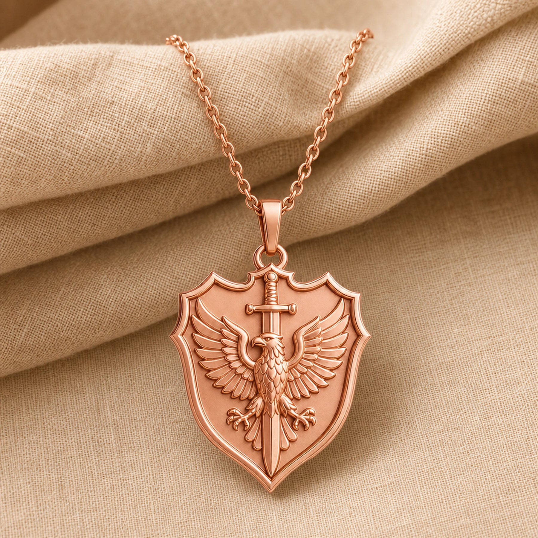Heraldic eagle swordcrest pendant with a raised winged eagle, vertical sword, pointed shield frame, and detailed feather relief on a warm-toned cable chain. Rose gold finish.