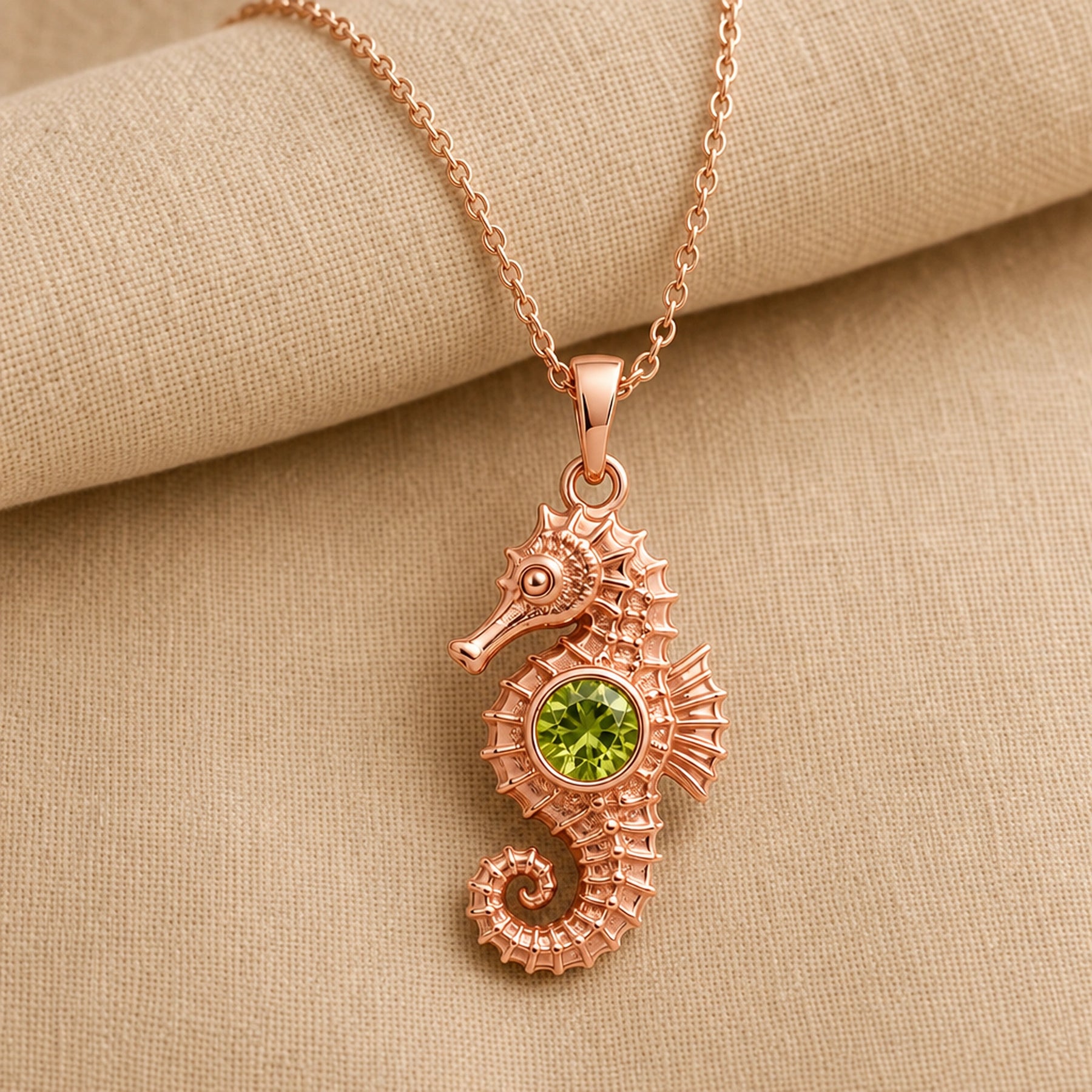 925 sterling silver seahorse pendant with a curled tail, sculpted marine details and a round green peridot centerpiece. Rose gold finish.