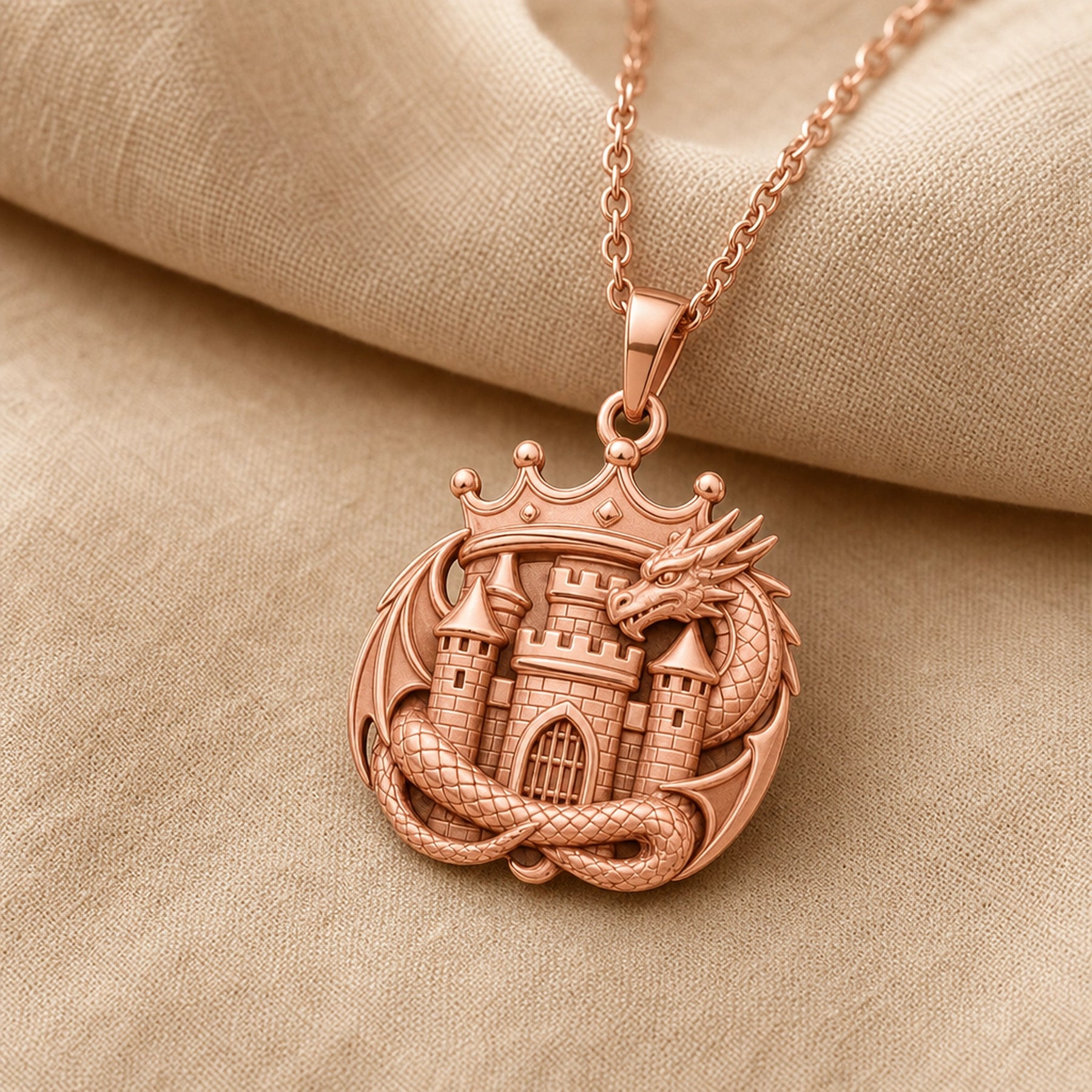 Dragonkeep crown pendant in 925 sterling silver with a detailed crowned castle, arched gate, scaled dragon wrapped around the design, wings, horns, and raised medieval relief. Rose gold finish.