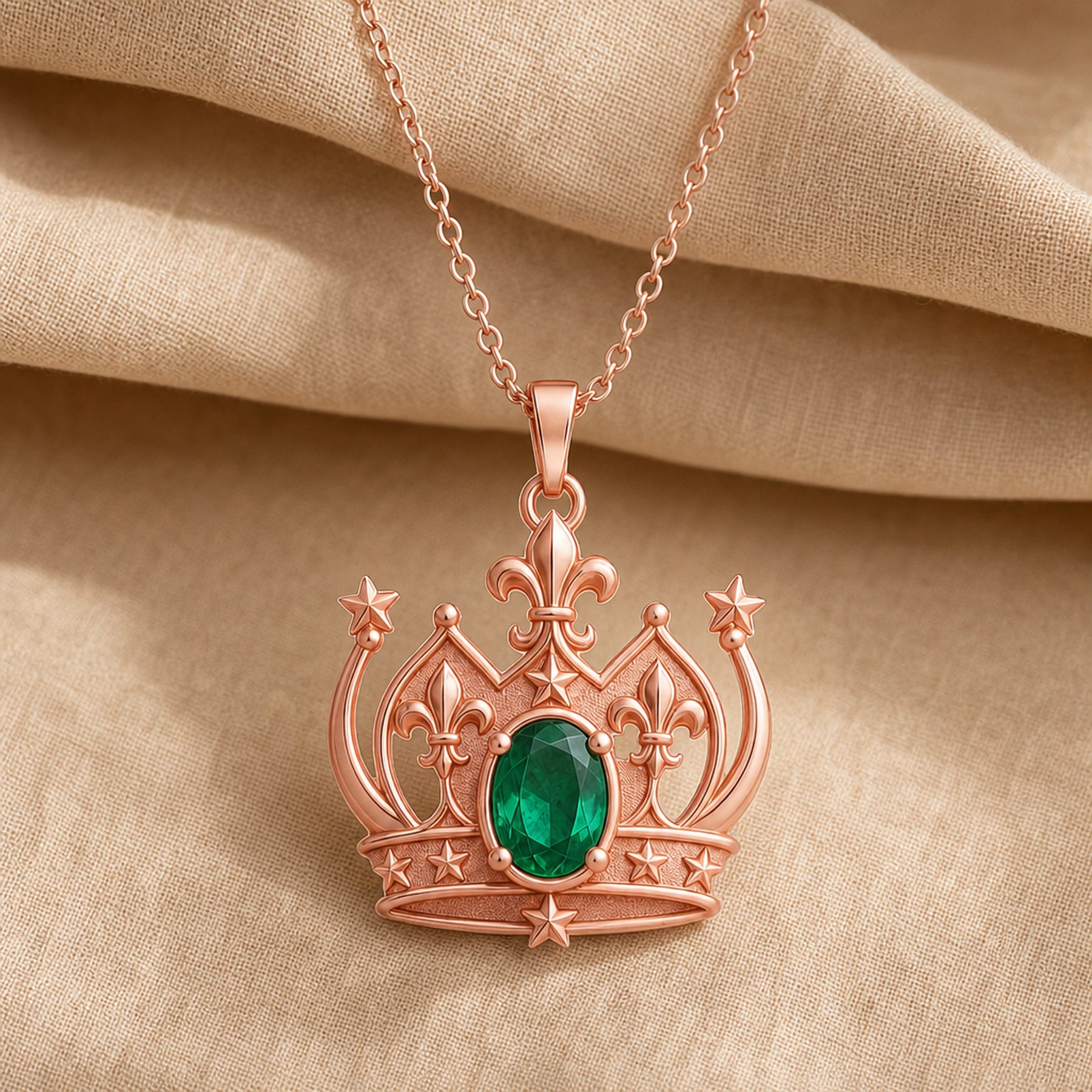 Emerald fleur-de-lis crown pendant with an oval green center stone in a raised prong setting, detailed star accents, sculpted crown arches, and ornate openwork metalwork. Rose gold finish.
