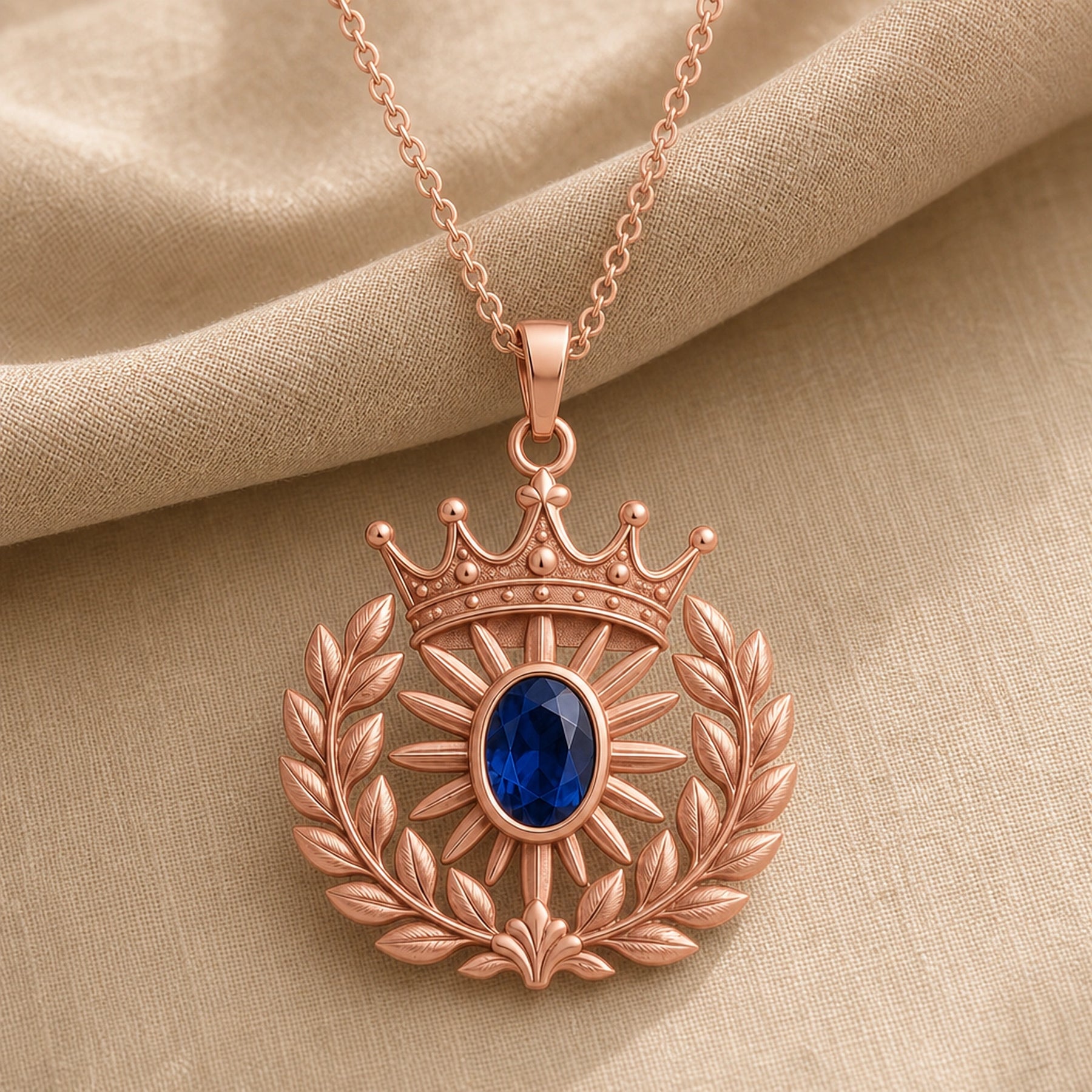 Sapphire laurel crown pendant with an oval deep blue sapphire in a raised setting, radiating sun rays, textured crown, and sculpted laurel wreath details. Rose gold finish.